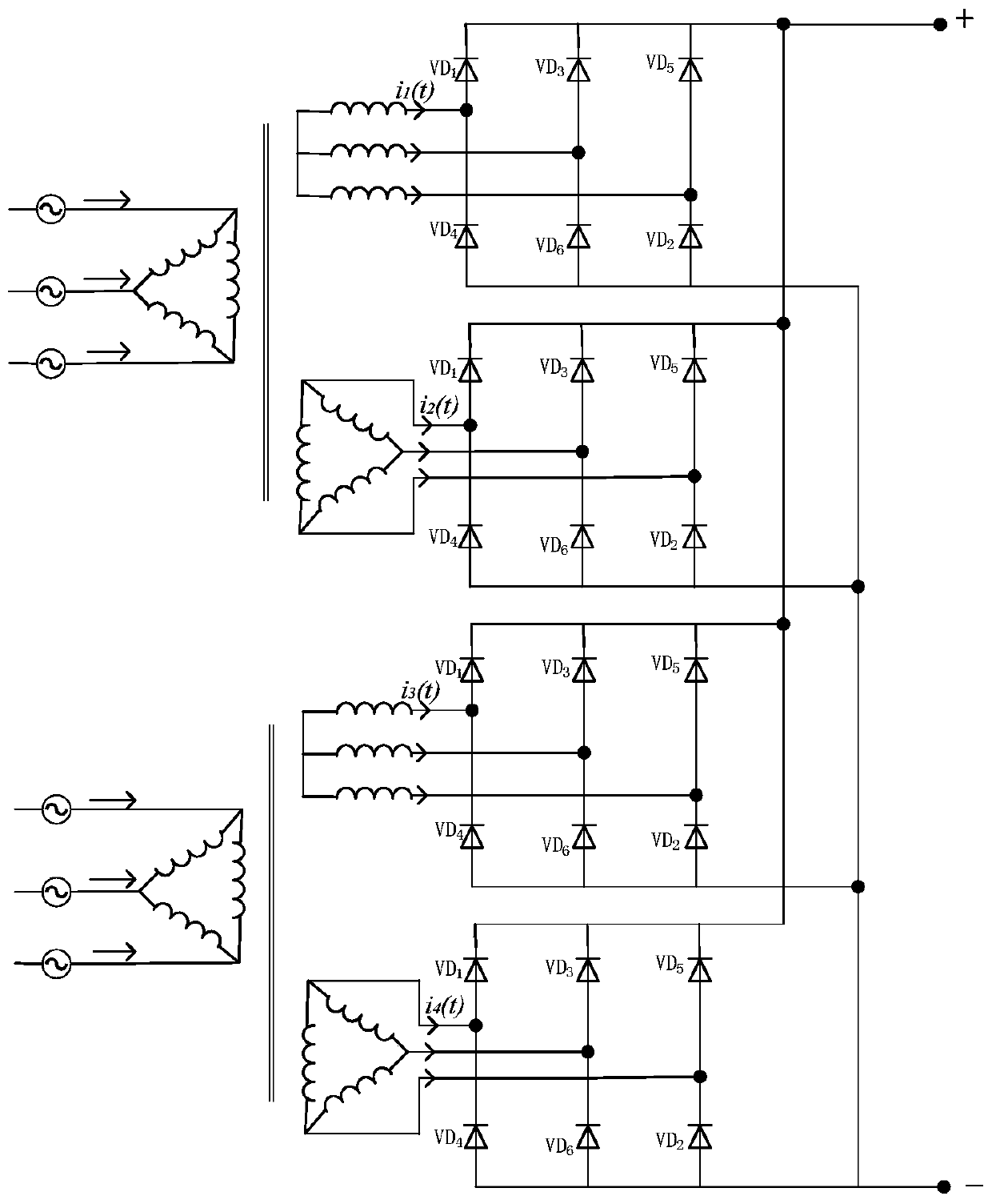 Diagnosis method of diode open-circuit fault of subway rectifier unit based on waveform characteristics