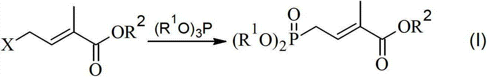 Method for preparing 4-bialkoxy-phosphono-2-methyl-2-butenoic acid alkyl ester
