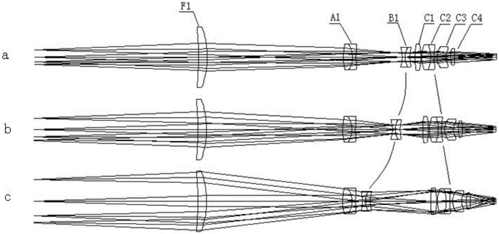 Large-diameter catadioptric three-component continuous zoom optical system