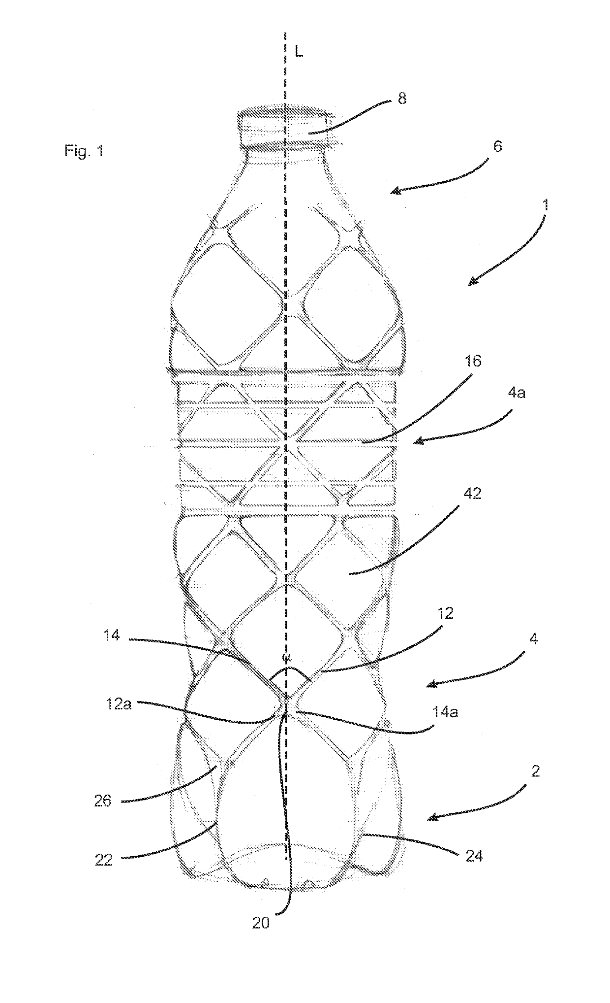 Plastics material bottle with intersecting tension bands