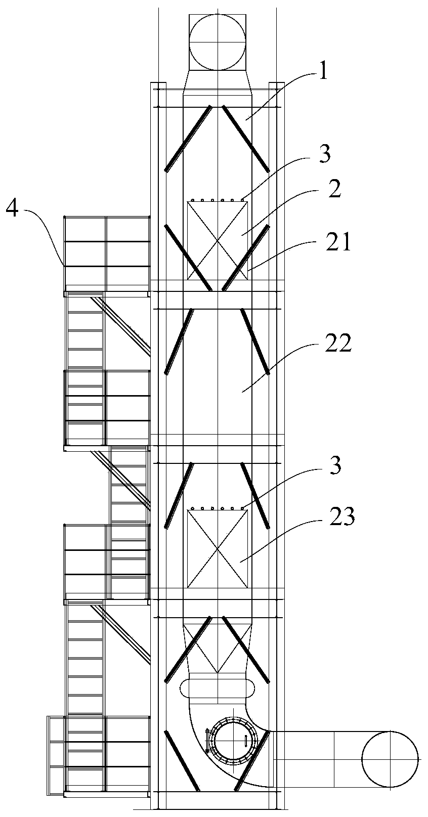 Denitration and dedusting device and process for exhaust gas of kiln used for water glass production