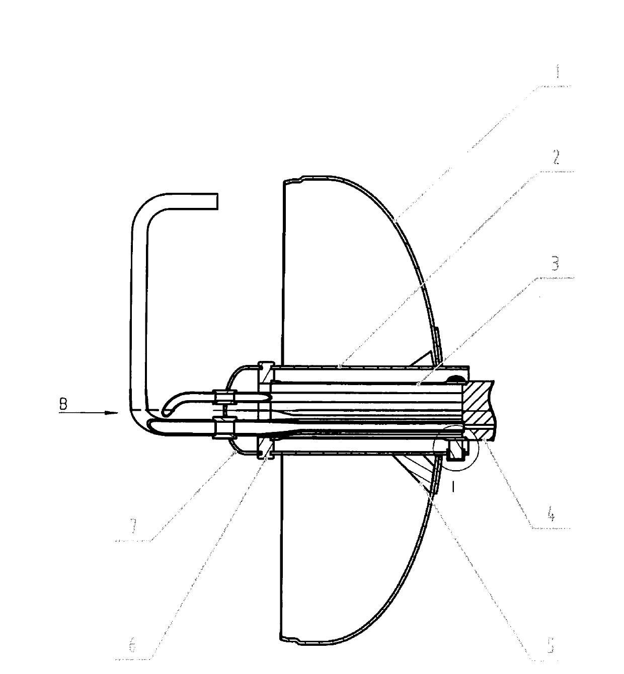 Liner supporting device provided with lengthened power spinning tube, supporting bars and ribbed plates