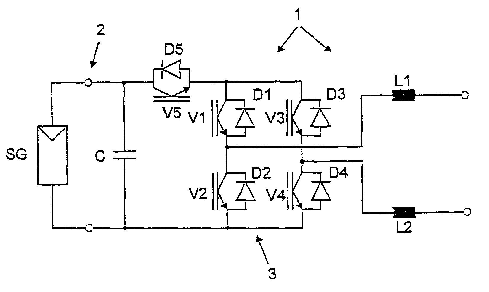 Method of converting a direct current voltage from a source of direct current voltage, more specifically from a photovoltaic source of direct current voltage, into a alternating current voltage