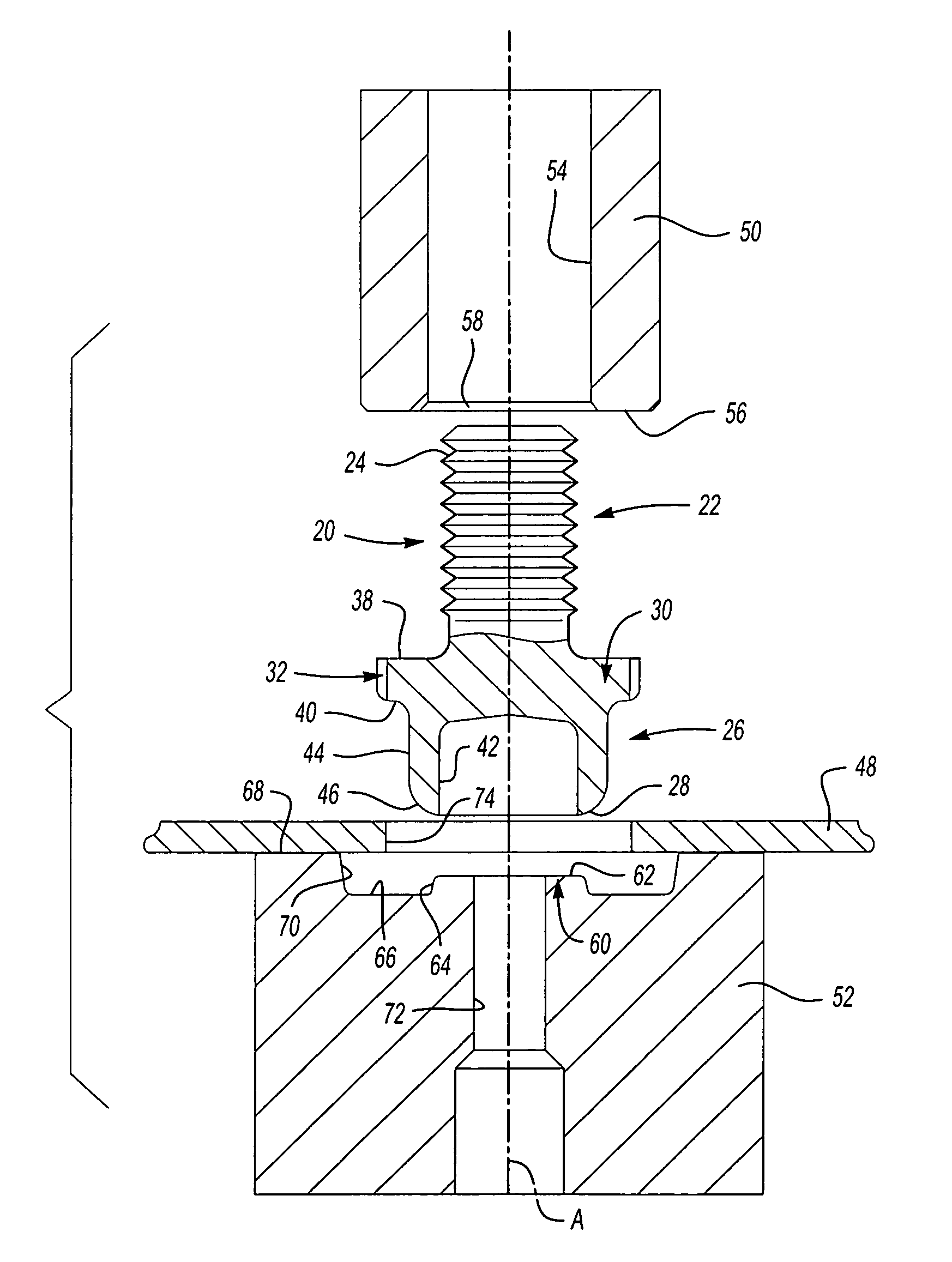 Self-attaching fastener and panel assembly, method of installation and die member