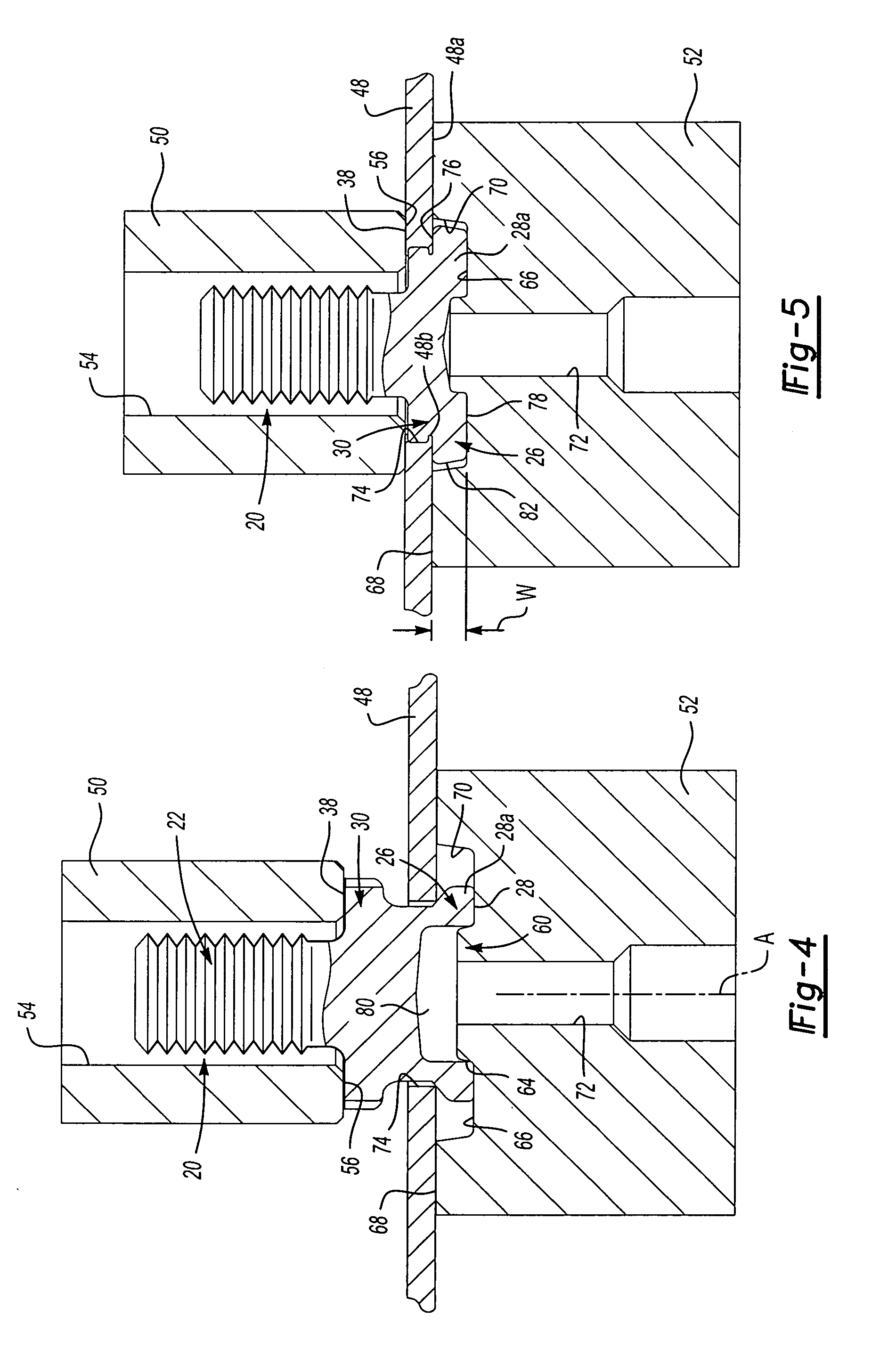 Self-attaching fastener and panel assembly, method of installation and die member