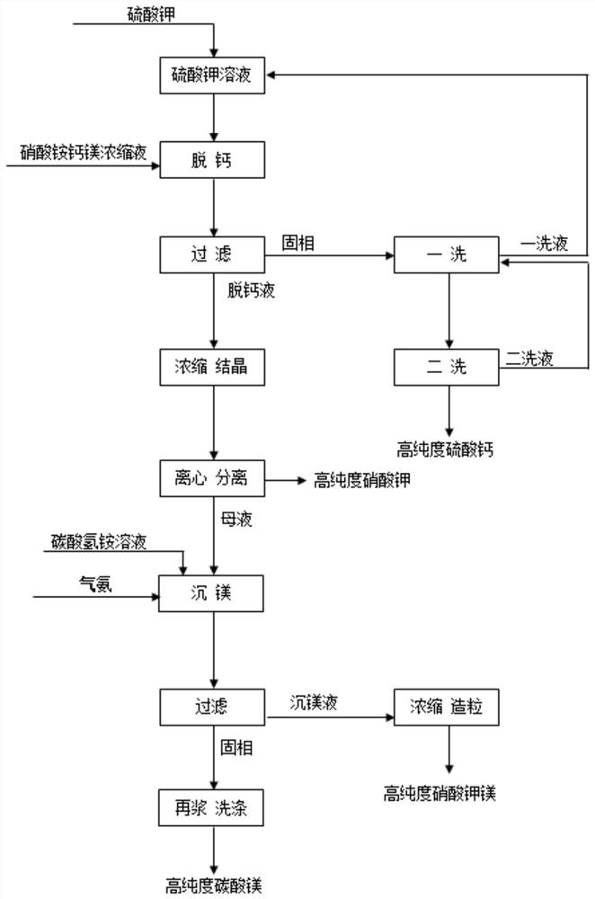 Method for simultaneously preparing calcium sulfate, potassium nitrate, potassium magnesium nitrate and magnesium carbonate from calcium magnesium ammonium nitrate liquid