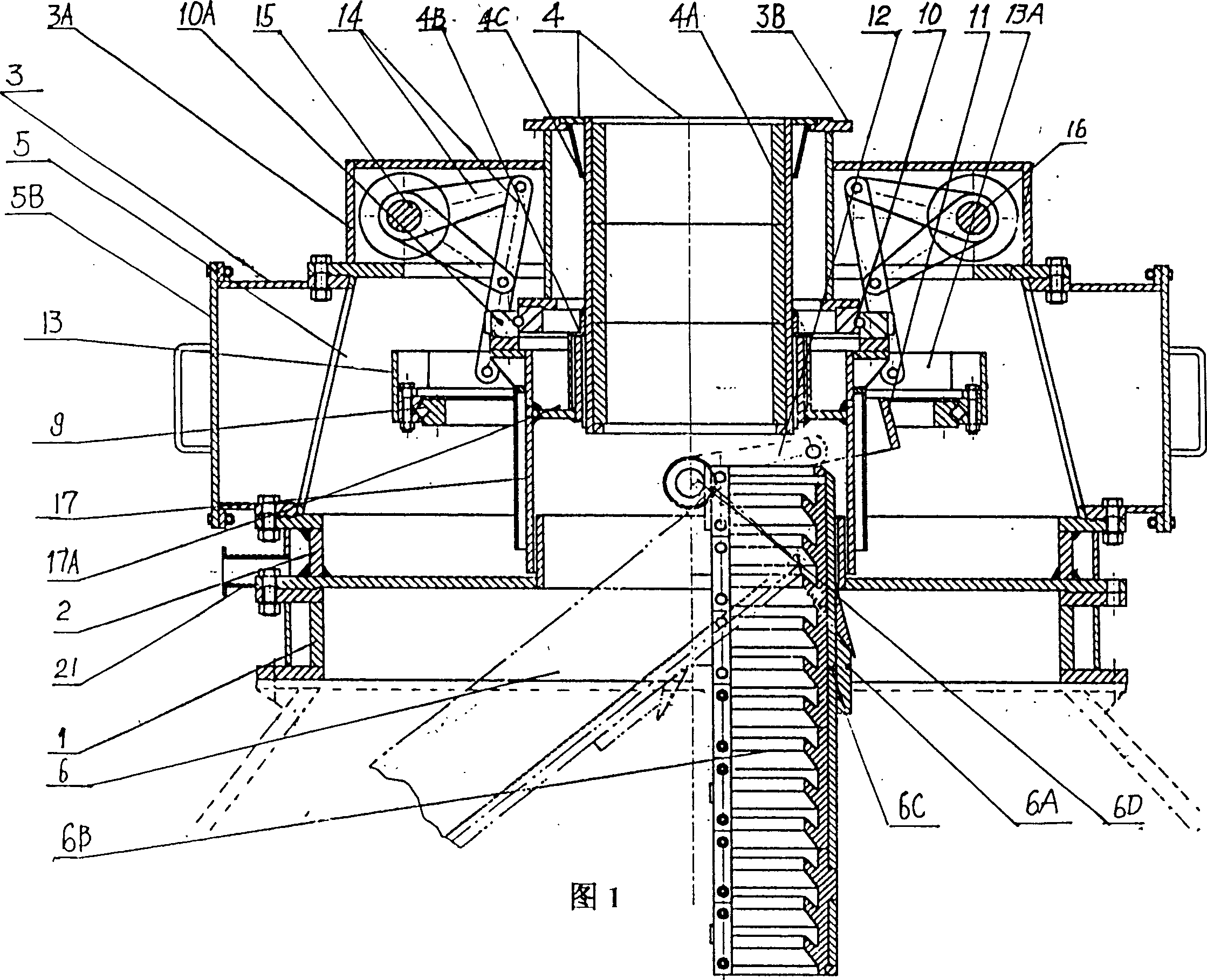 Chute-type furnace roof distributor driven via self-centering combined link rod