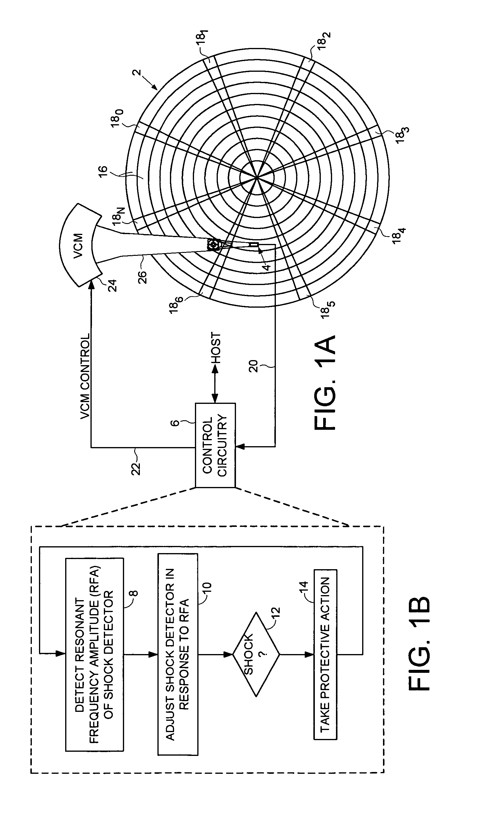 Disk drive adjusting gain of shock detector relative to resonant frequency amplitude