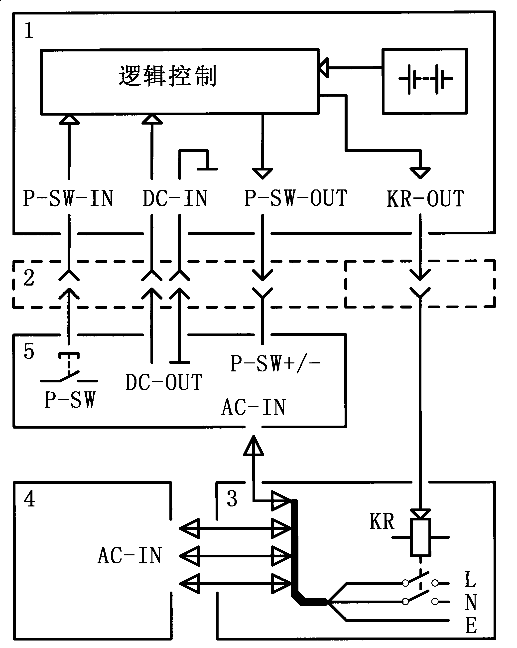 Computer system AC power supply control device using host computer power supply switch and battery