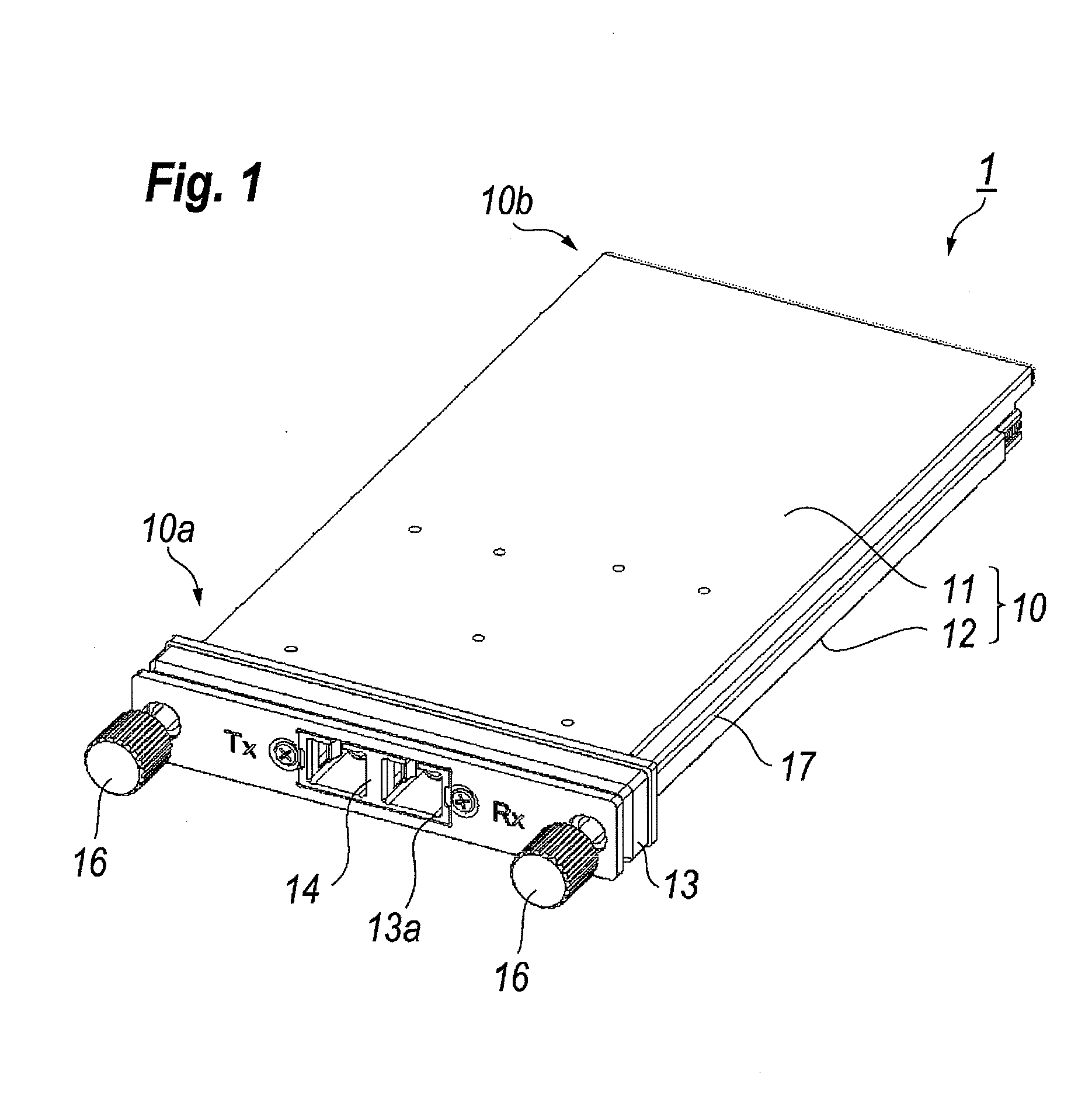 Optical transceiver with inner fiber set within tray securing thermal path from electronic device to housing
