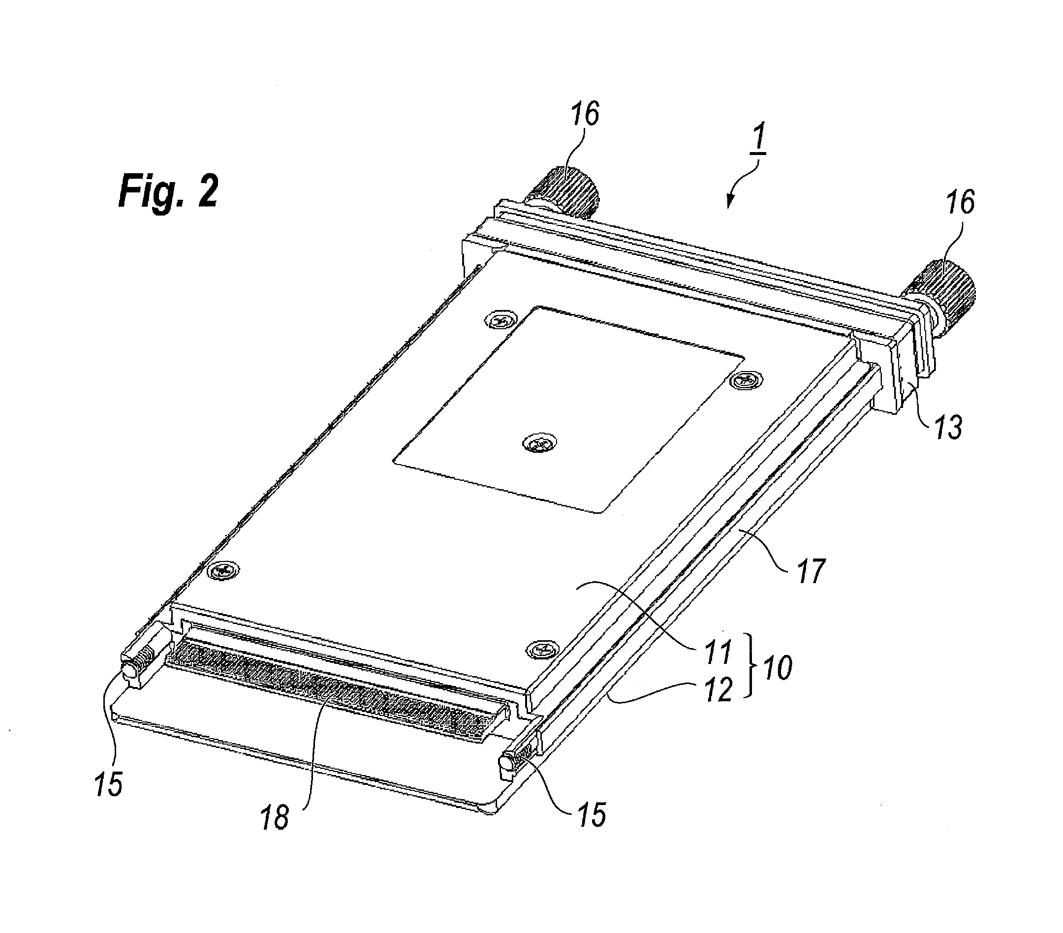 Optical transceiver with inner fiber set within tray securing thermal path from electronic device to housing