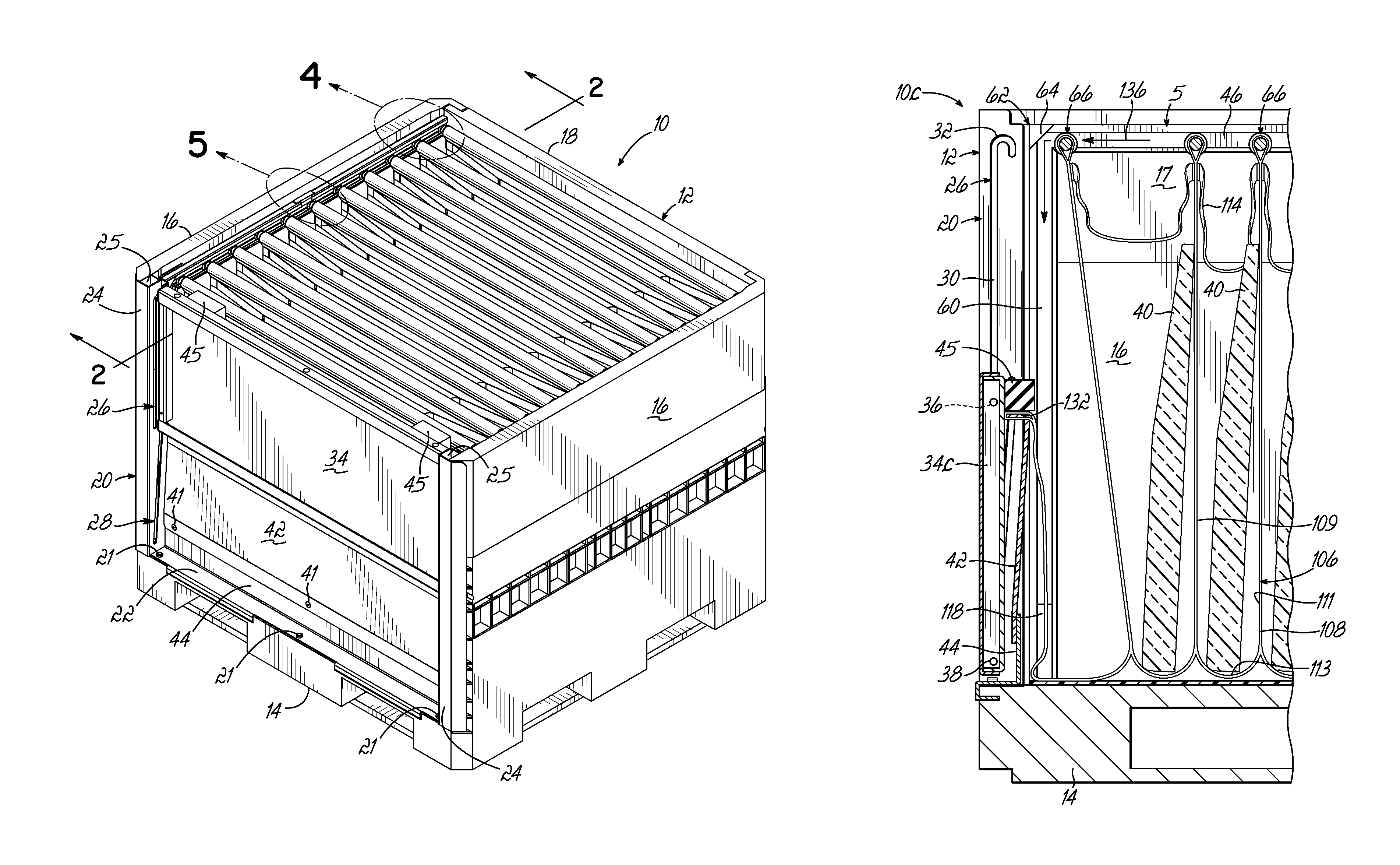 Container having movable support member assemblies for supporting dunnage and movable door