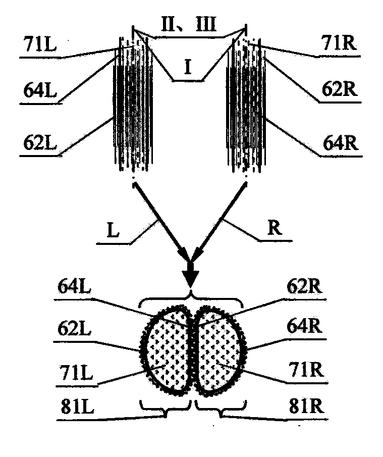 Symmetrical beam splitting filament-spreading synchronous upper-covering and lower-supporting composite yarn, spinning method and application