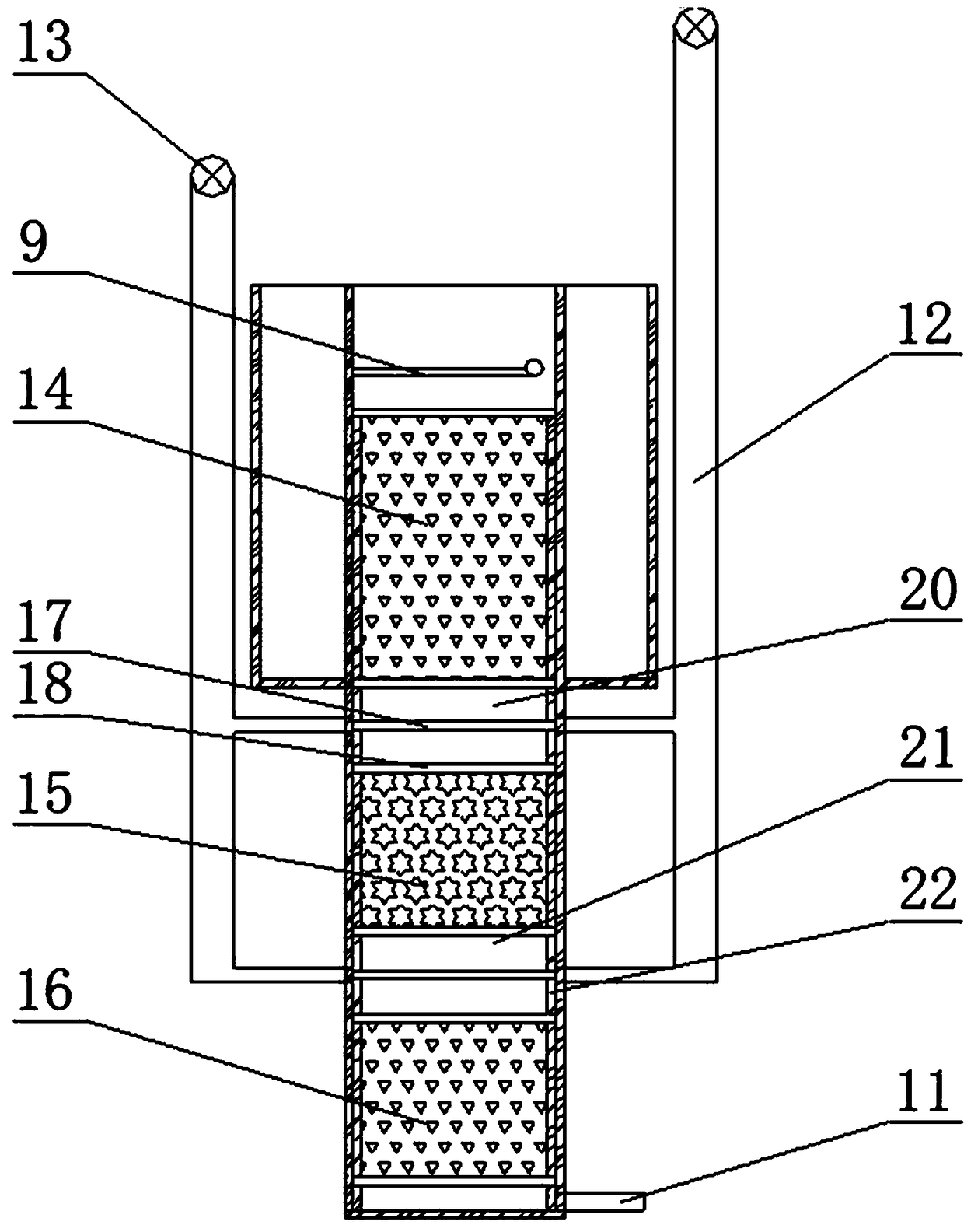 Household type buried unpowered integrated composite biological sewage treatment device and process