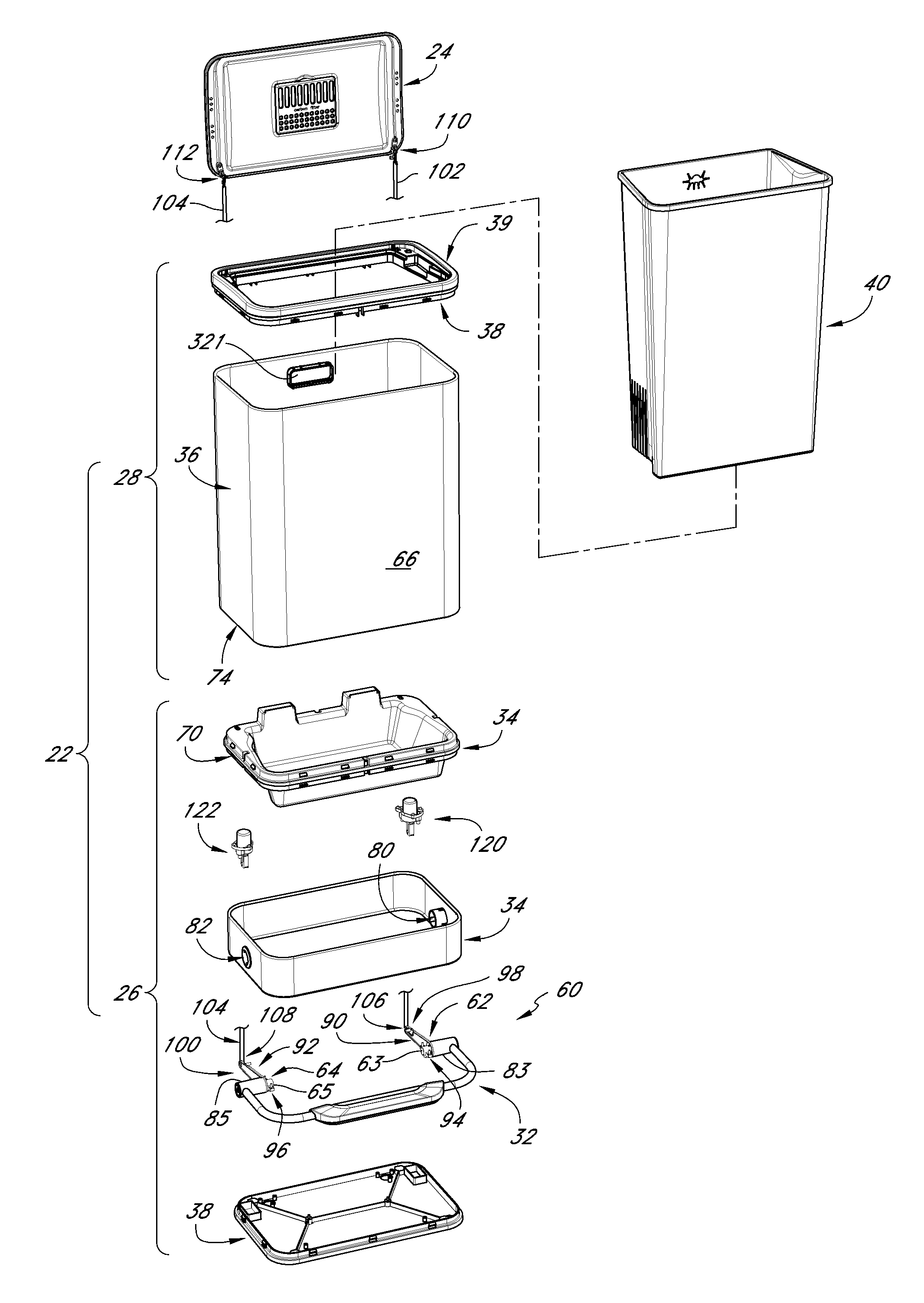 Receptacle with motion dampers for lid and air filtration device