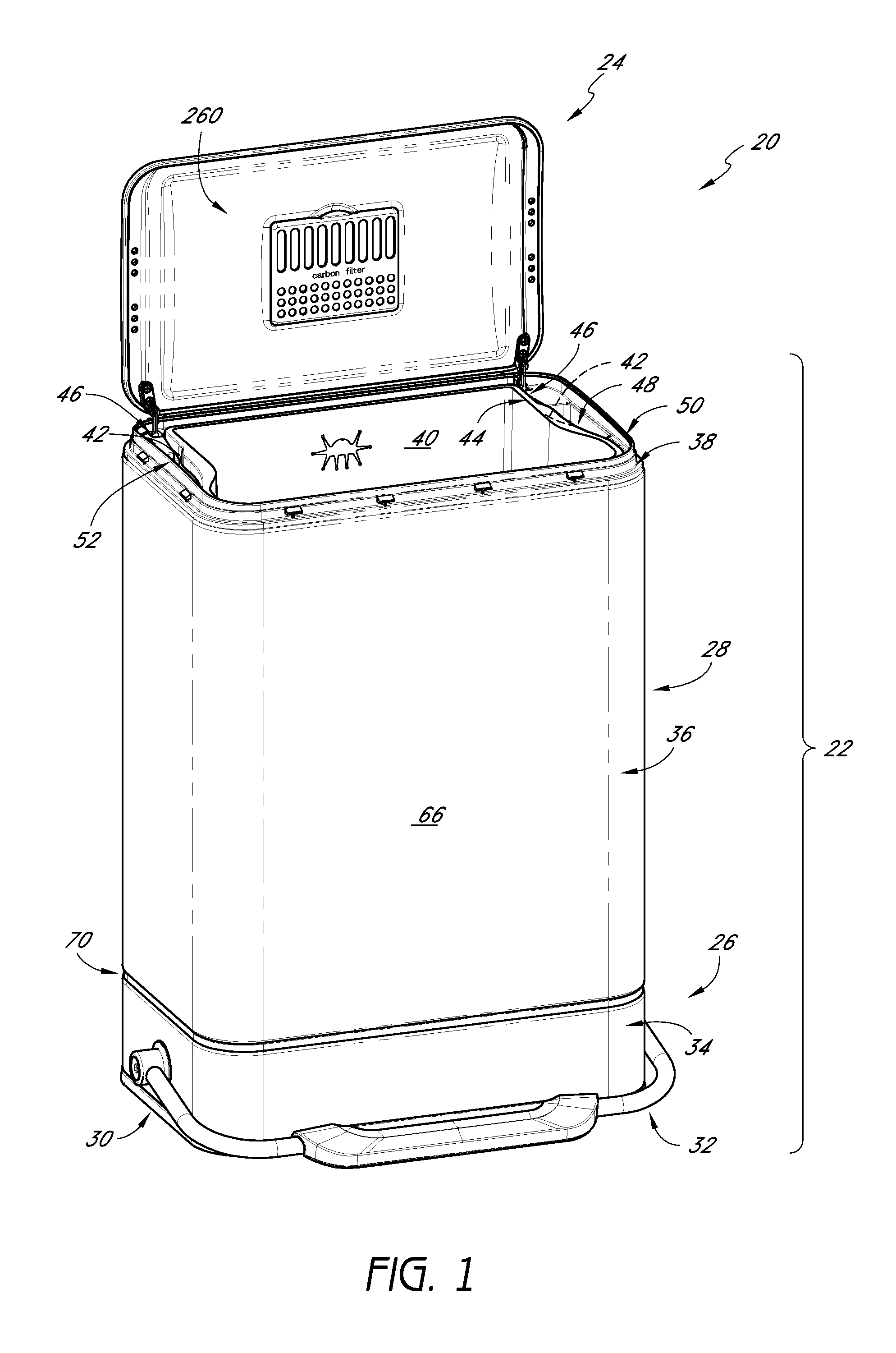 Receptacle with motion dampers for lid and air filtration device