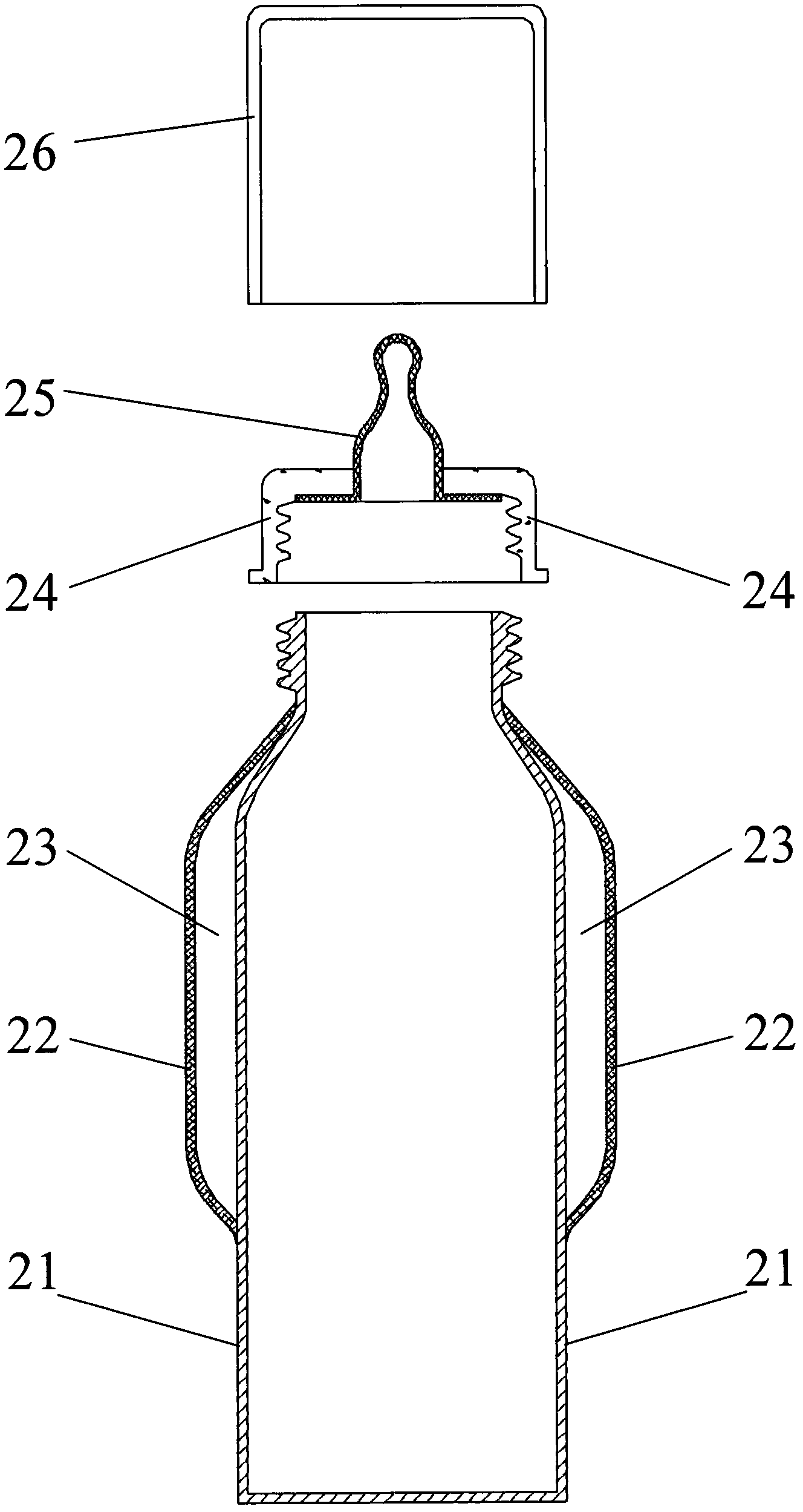 Feeding bottle with upper portion of feeding bottle body being of double-layer structure