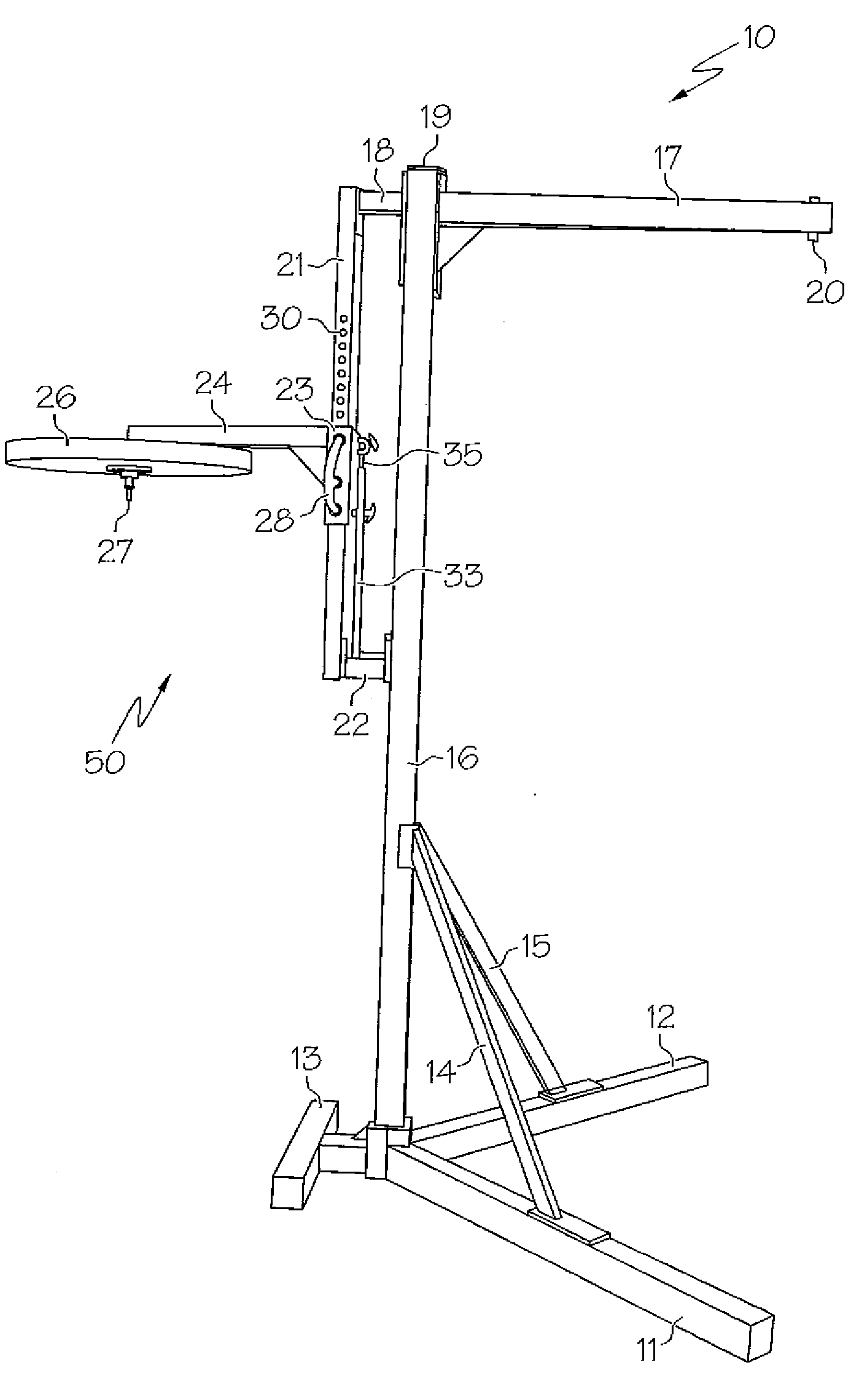 Adjustable heavy bag/speed bag frame with piston assist