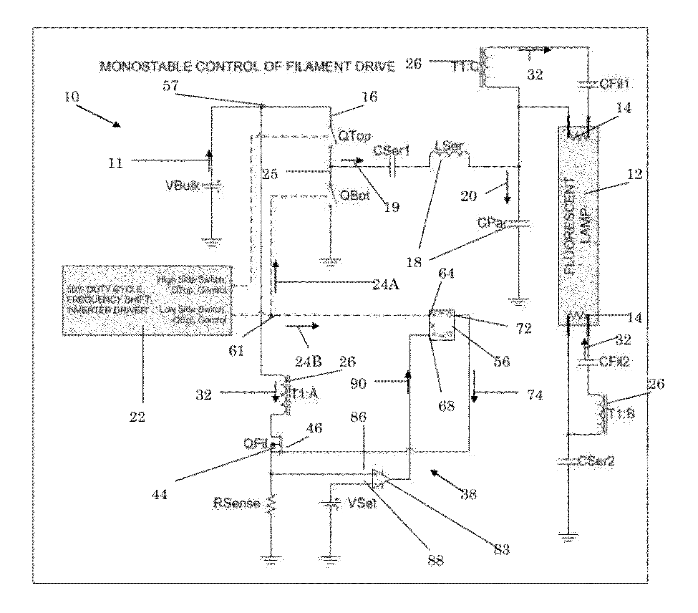 Ballast circuit for a gas-discharge lamp having a filament drive circuit with monostable control