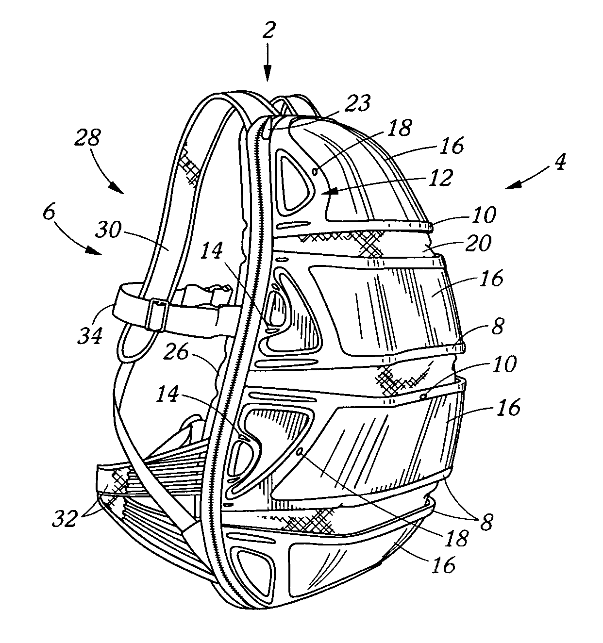 Backpack with segmented construction body protecting features