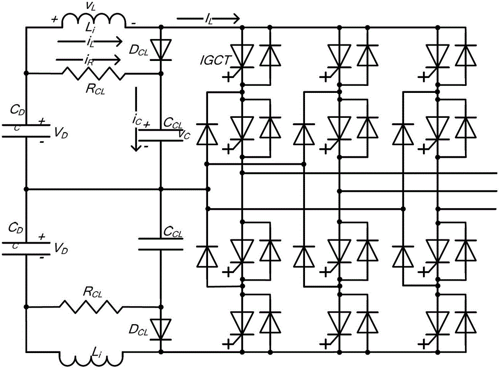 Direct current side circuit of IGCT (integrated gate commutated thyristor) converter/test circuit and method for designing parameters of clamp capacitor and clamp resistor of direct current side circuit