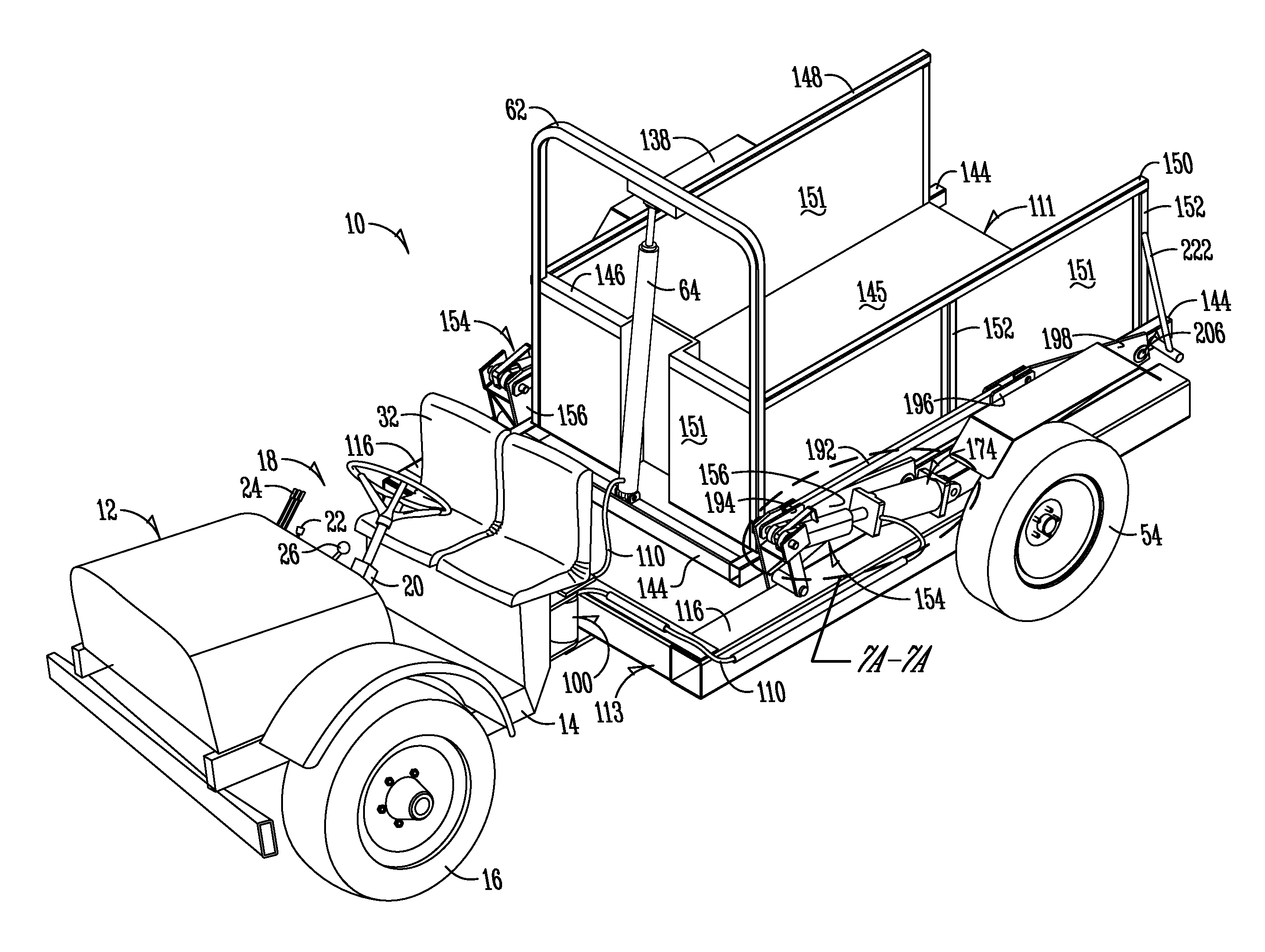Center-pivot steering articulated vehicle with load lifting trailer