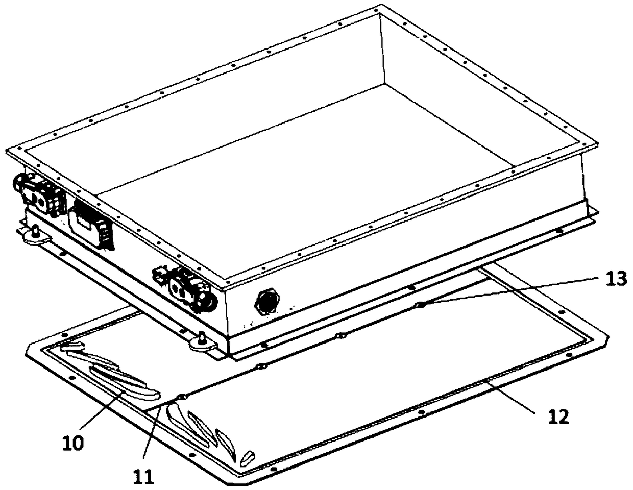 Liquid-cooling power battery with battery box with immersed external bottom face
