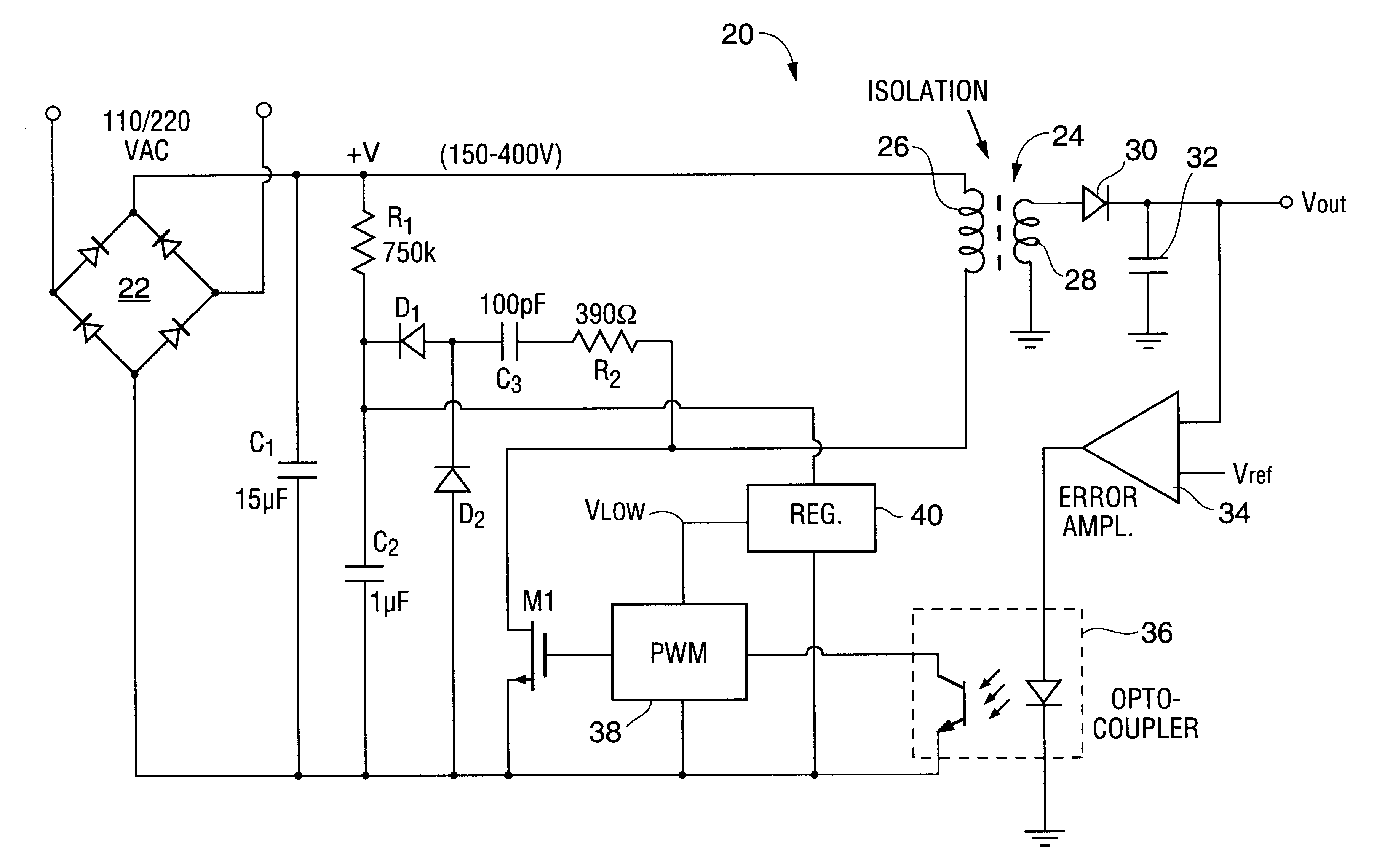Power converter having a low voltage regulator powered from a high voltage source