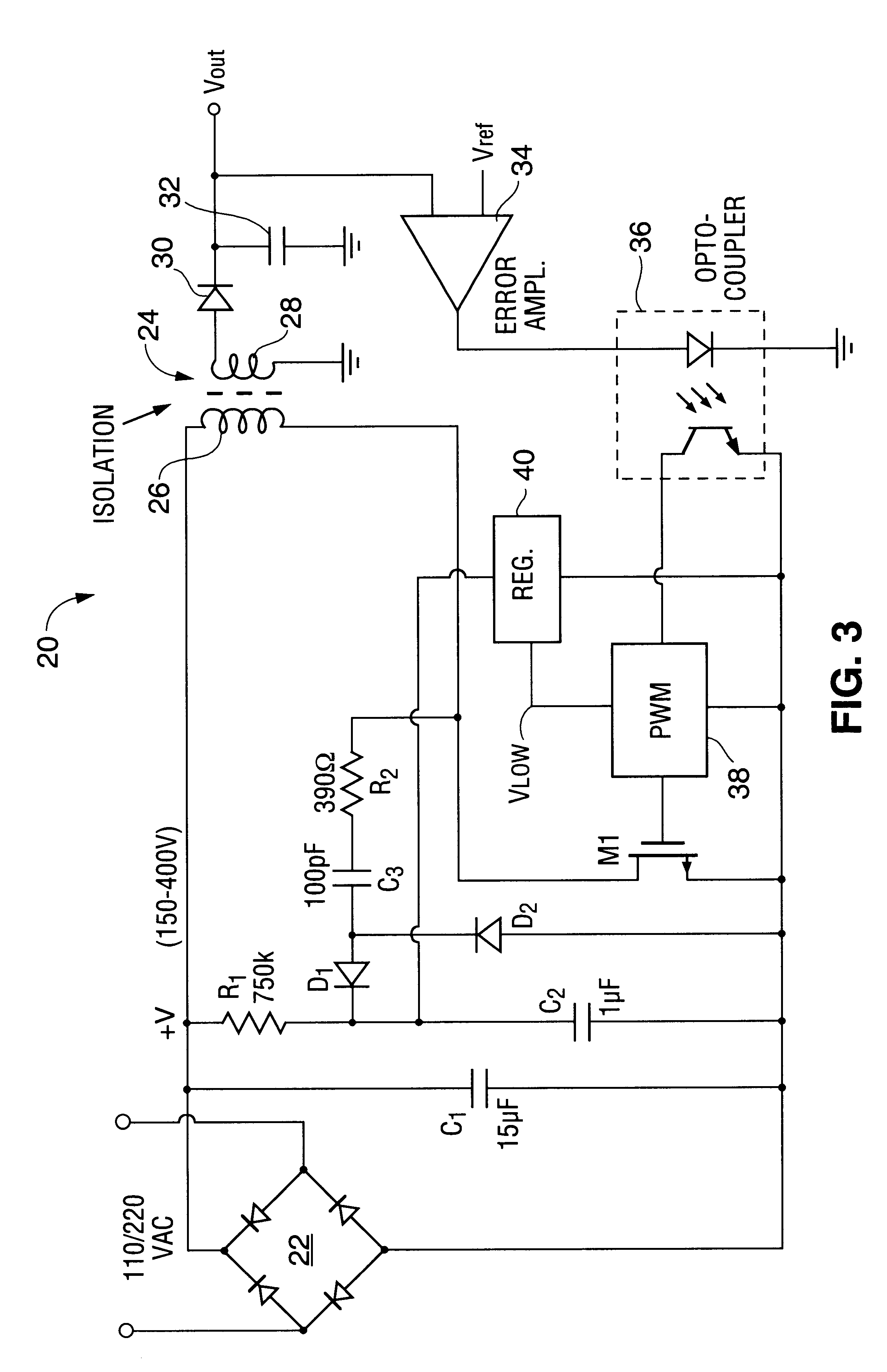 Power converter having a low voltage regulator powered from a high voltage source