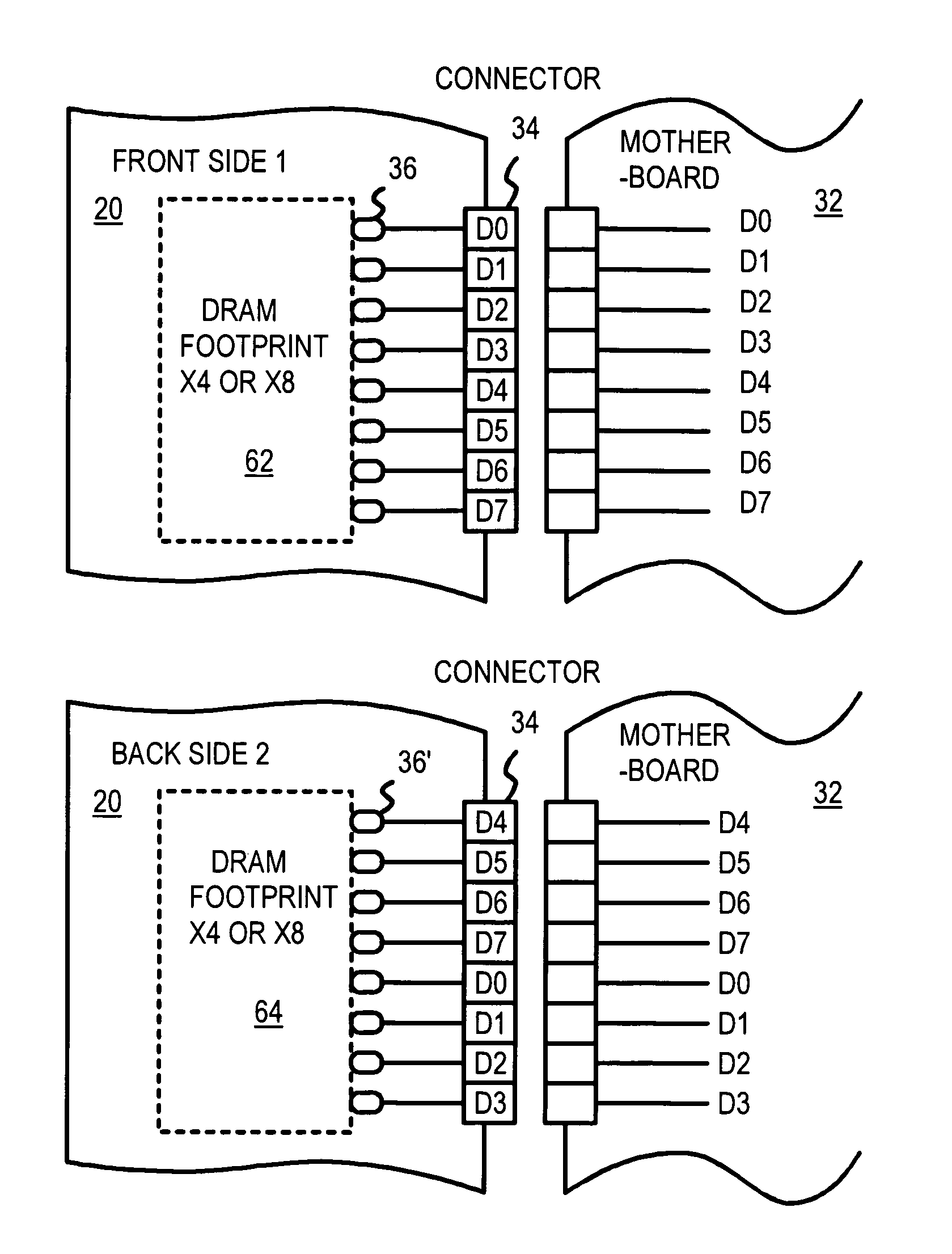 Memory-module board layout for use with memory chips of different data widths