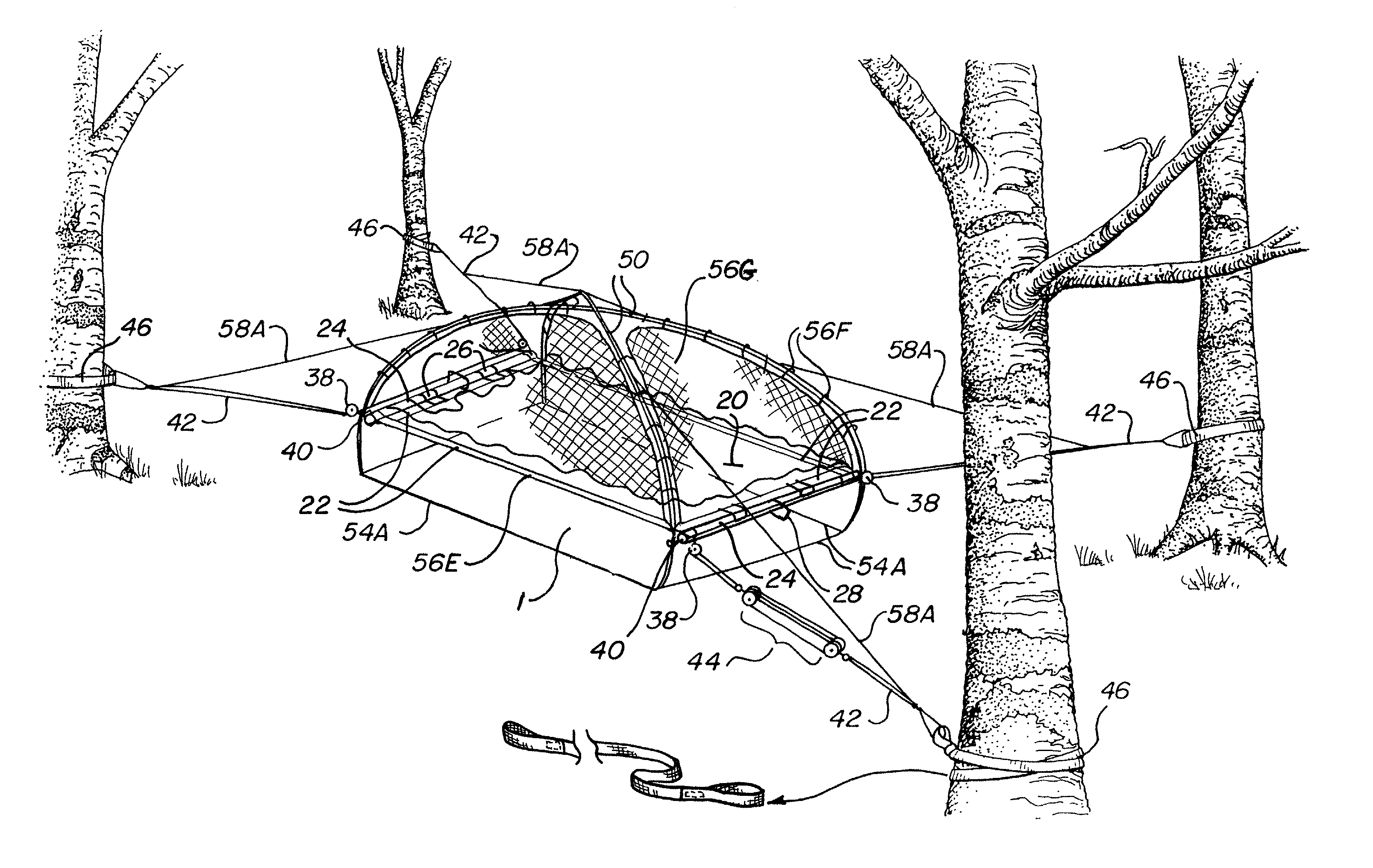 Backpacker's elevated, tensioned sleeping and observation surface with tent enclosures and method of use