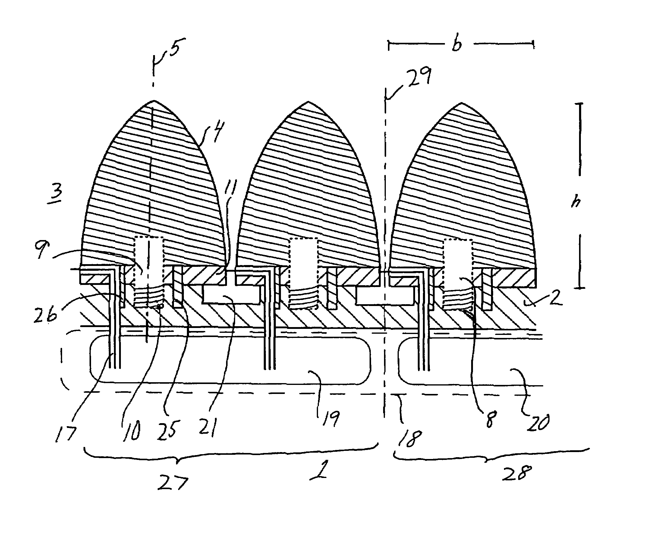 Electrically controlled broadband group antenna, antenna element suitable for incorporation in such a group antenna, and antenna module comprising several antenna elements