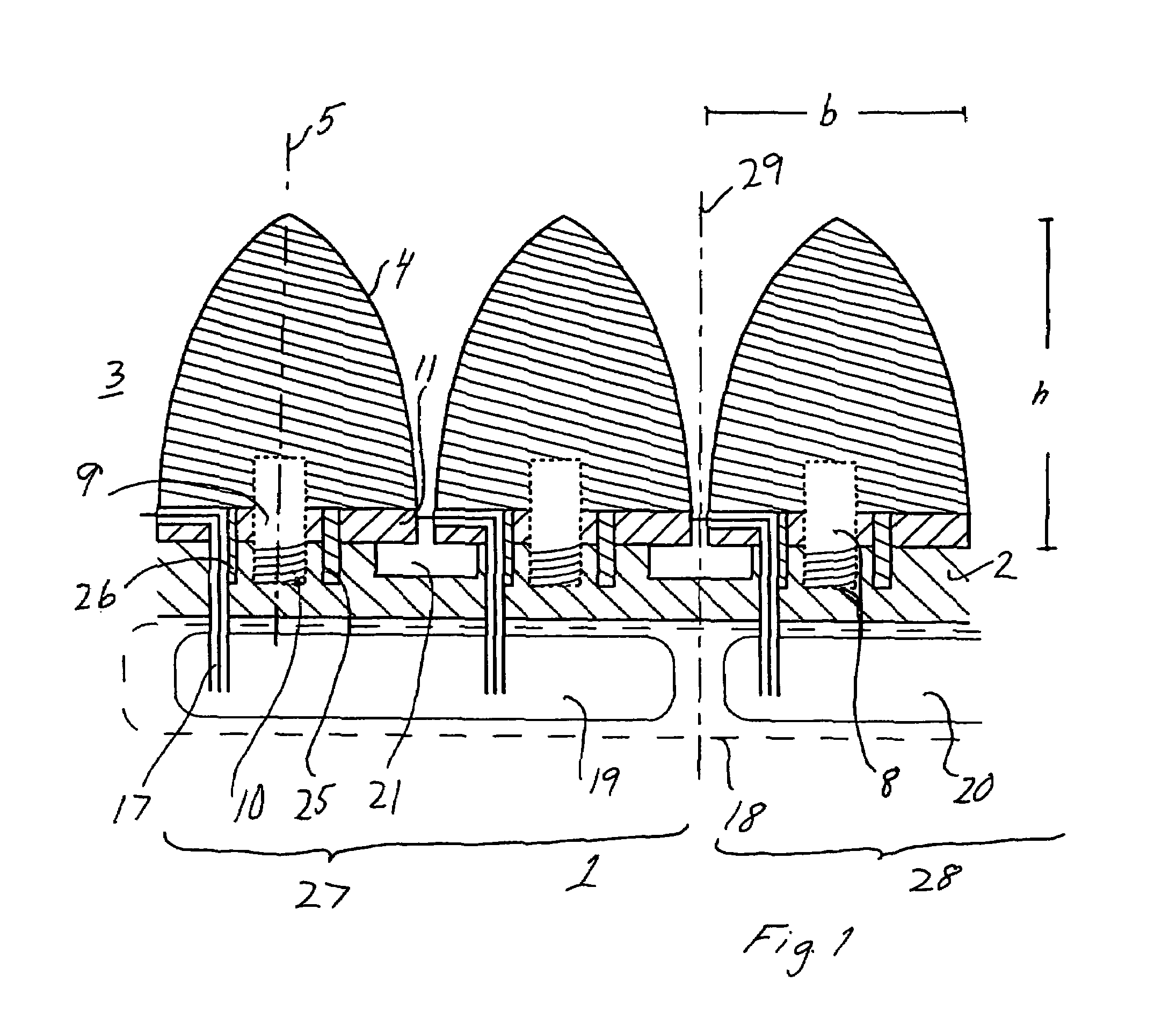 Electrically controlled broadband group antenna, antenna element suitable for incorporation in such a group antenna, and antenna module comprising several antenna elements