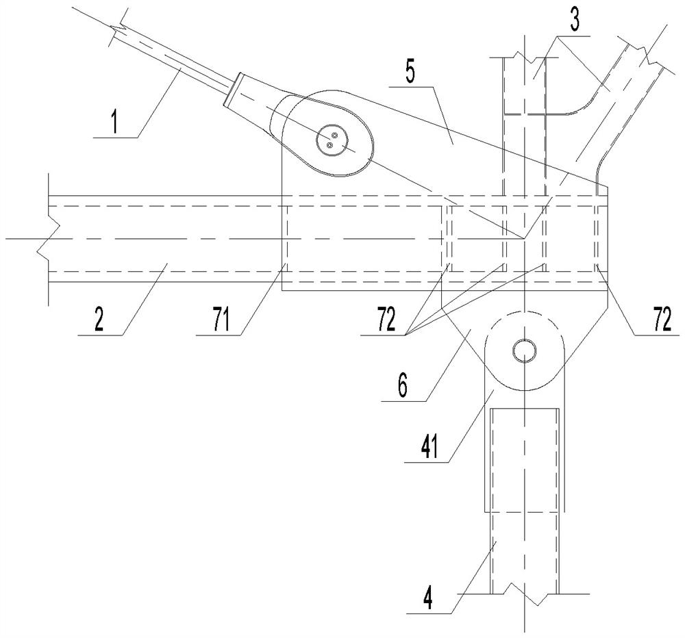 A connection node and construction method for avoiding the intersection of a cantilever truss, a stay cable and a hanging column