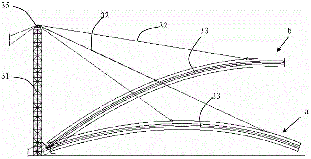 Traction structure for construction of vertical rotating body of arch rib and traction construction method