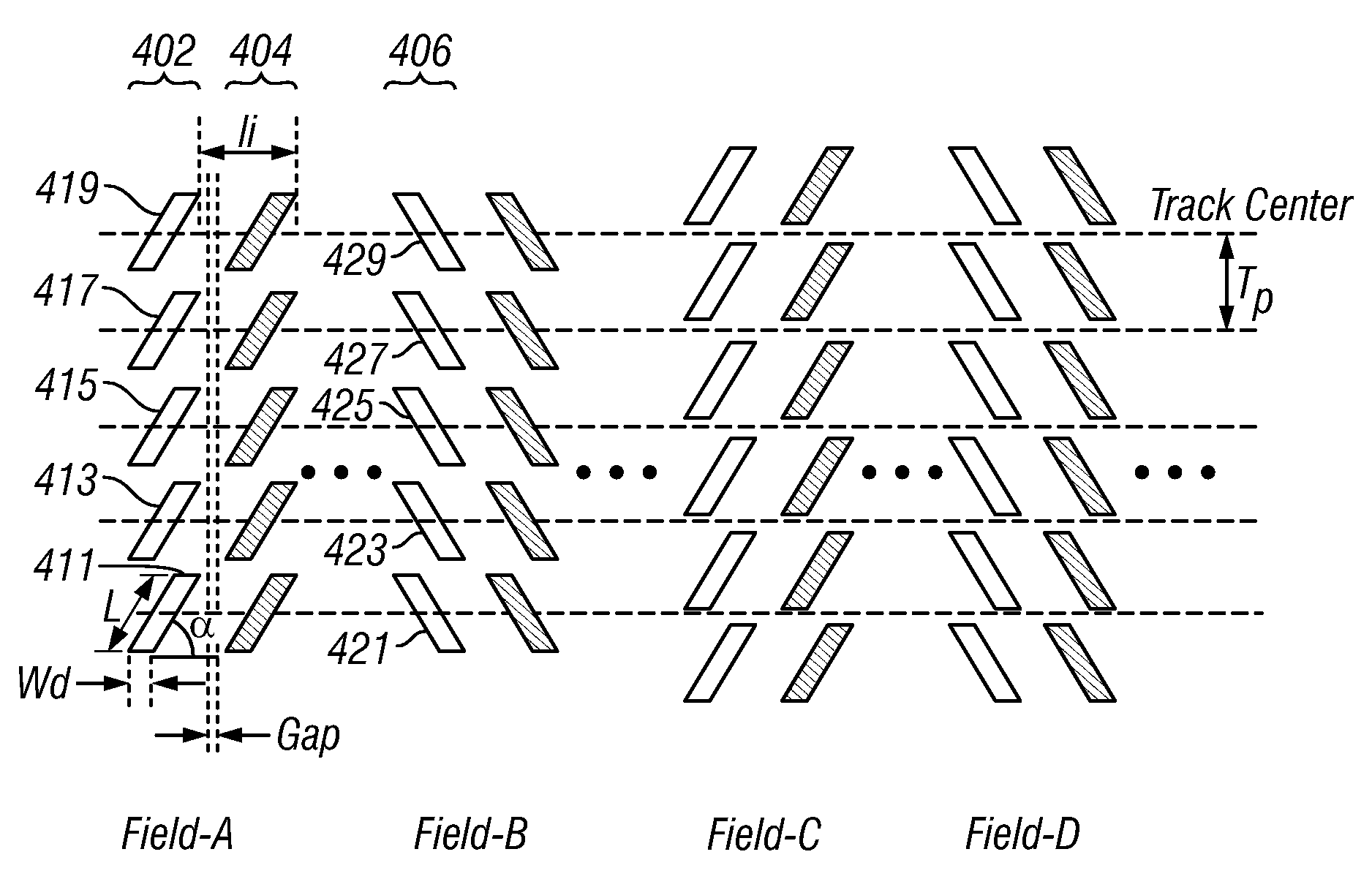 Magnetic recording disk and disk drive with patterned phase-type servo fields for read/write head positioning
