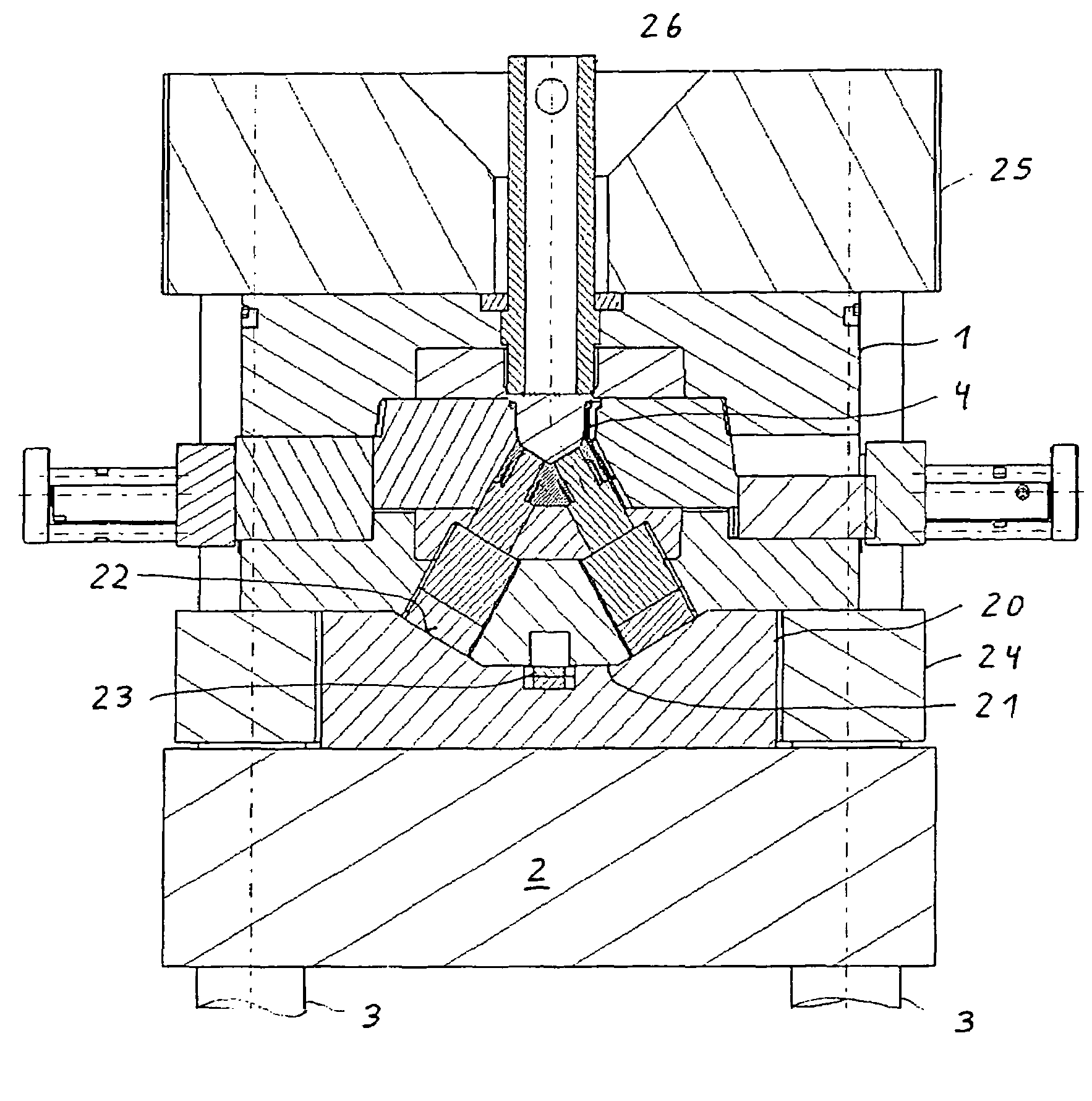 Injection-molding device for manufacturing V-engine blocks