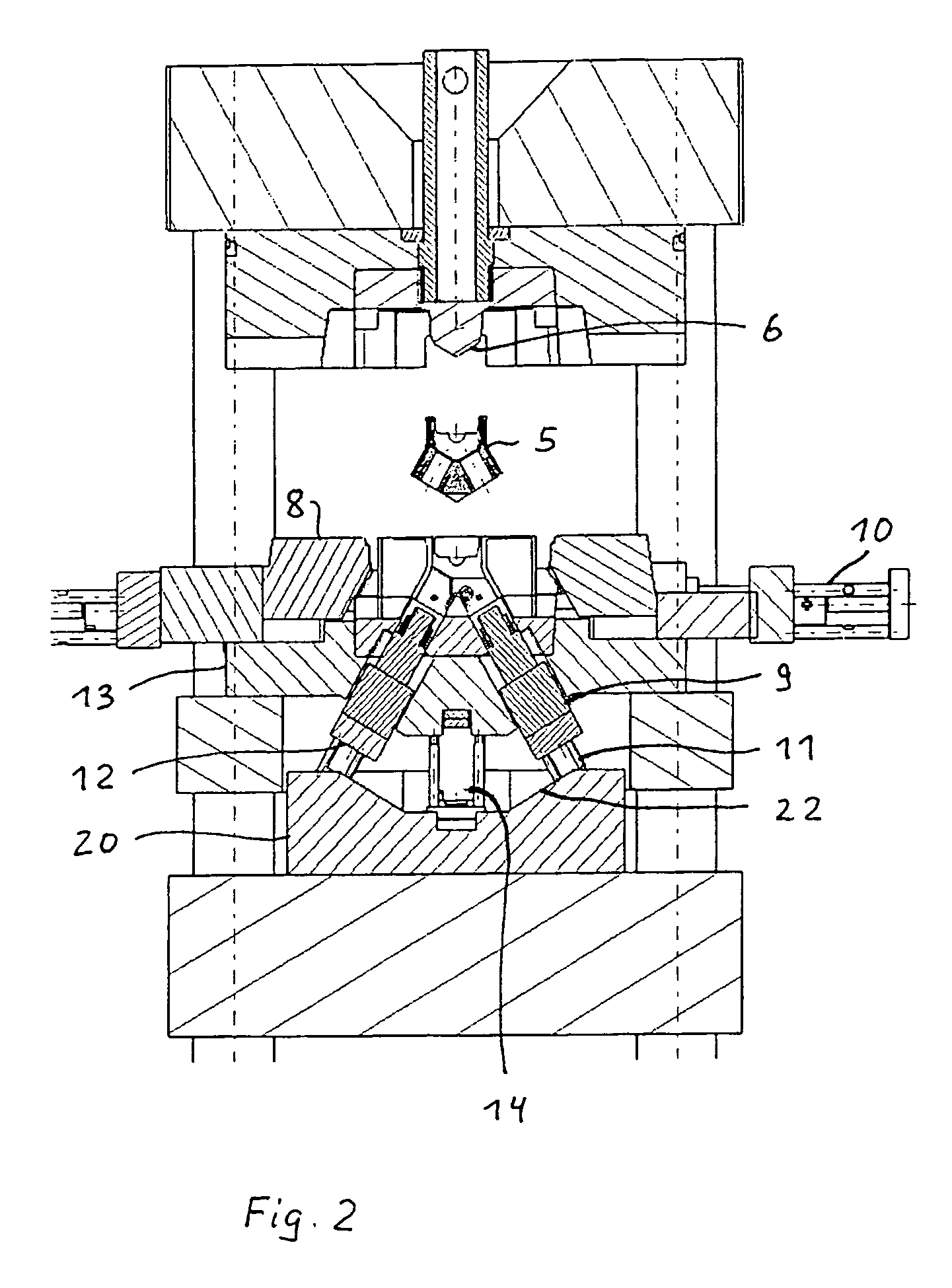 Injection-molding device for manufacturing V-engine blocks