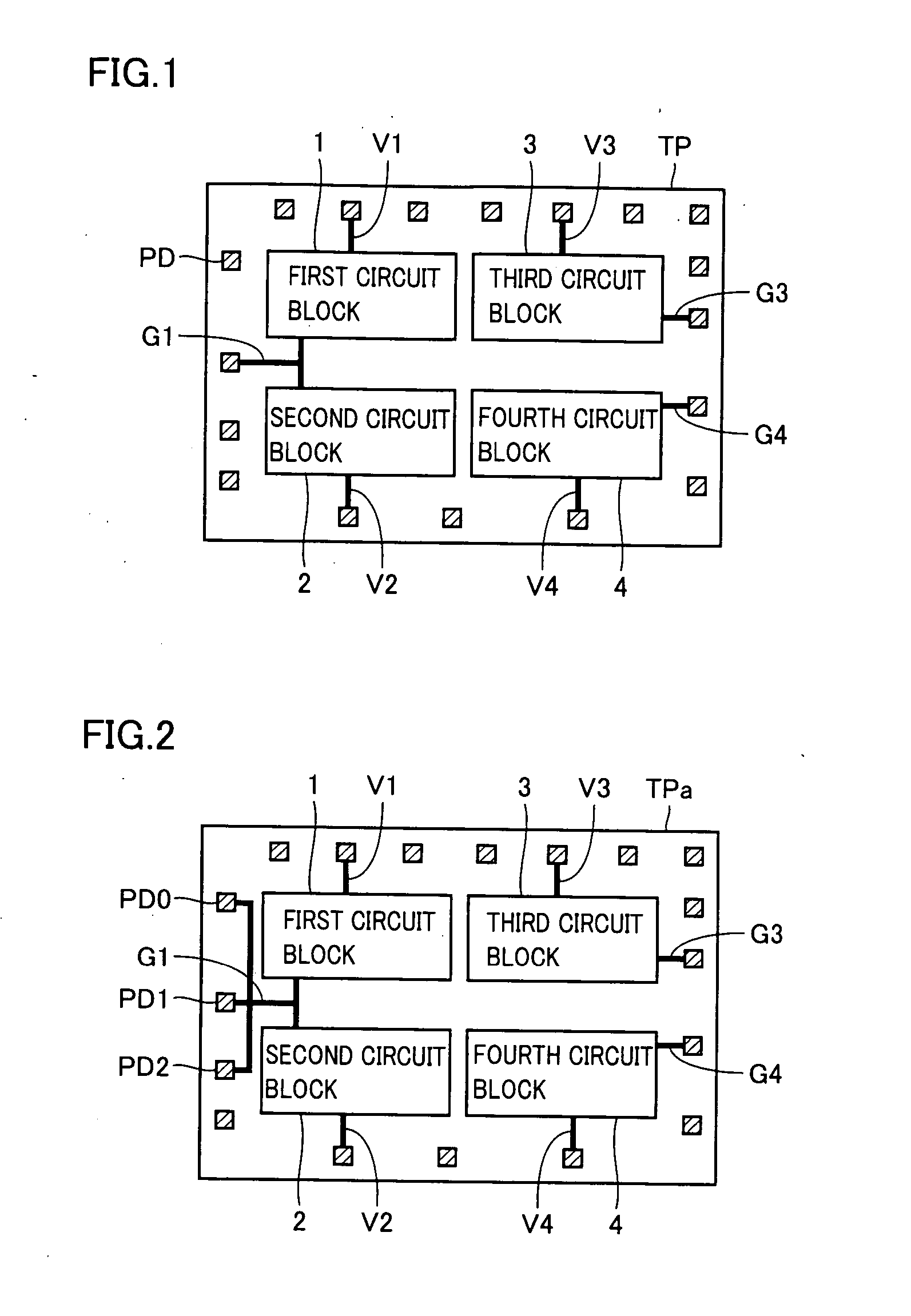 Semiconductor integrated circuit device which restricts an increase in the area of a chip, an increase in the number of lead terminals of a package, and can reduce parasitic inductance