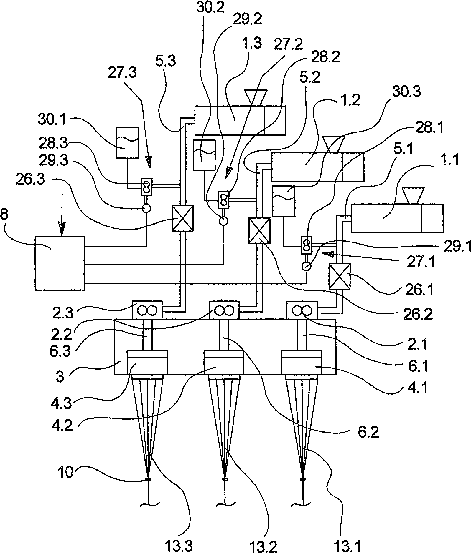 Method and device for producing a multi-colored composite thread