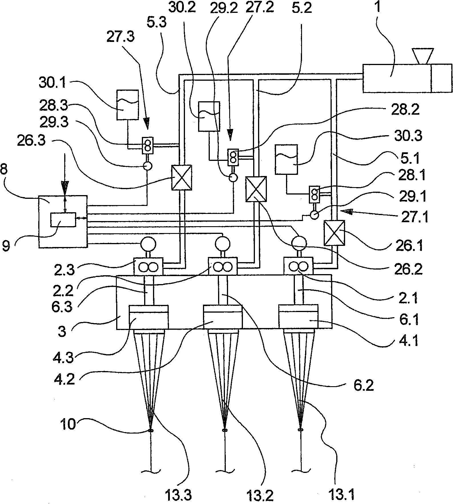 Method and device for producing a multi-colored composite thread