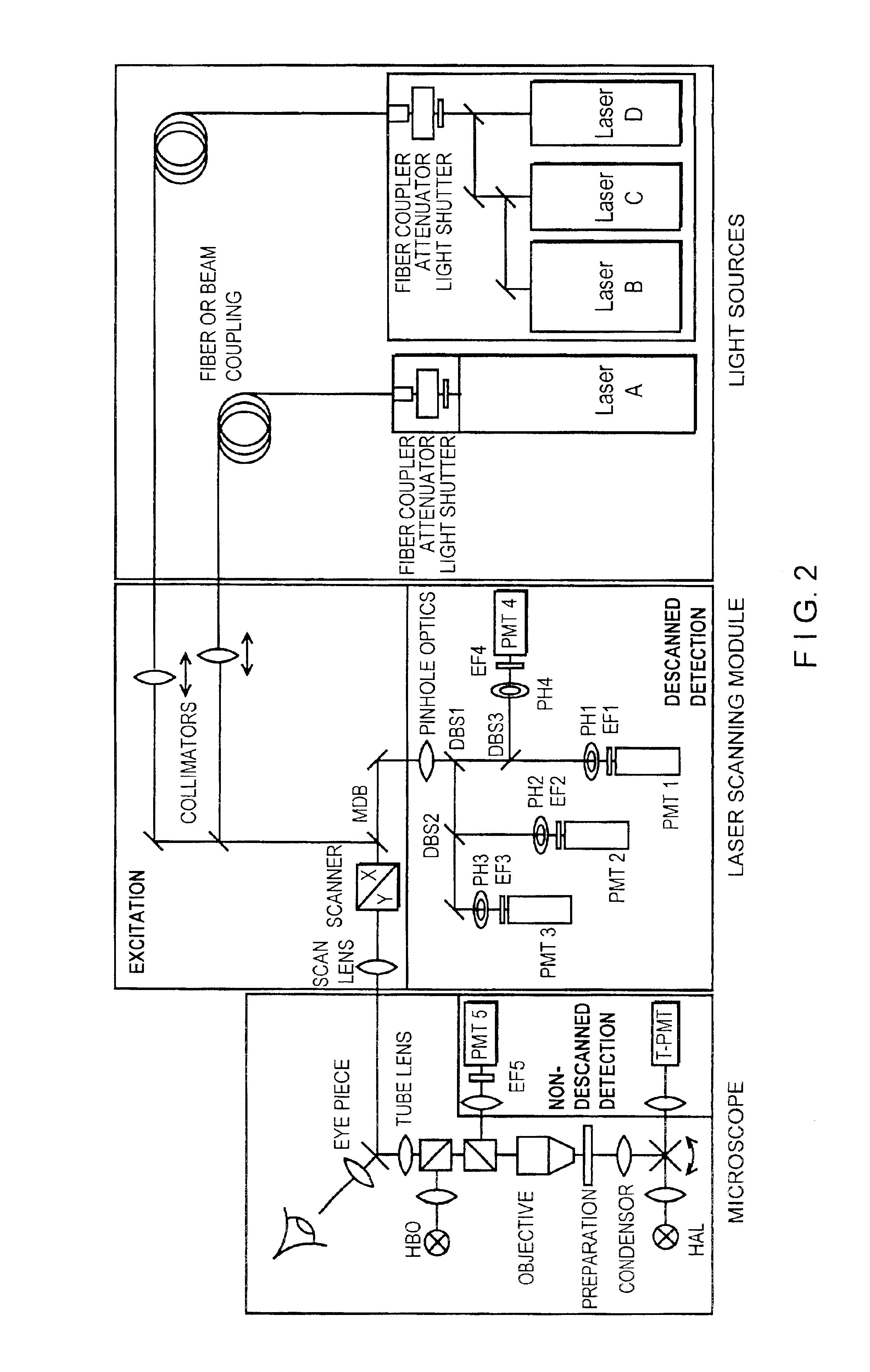 Arrangement for the optical capture of excited and /or back scattered light beam in a sample