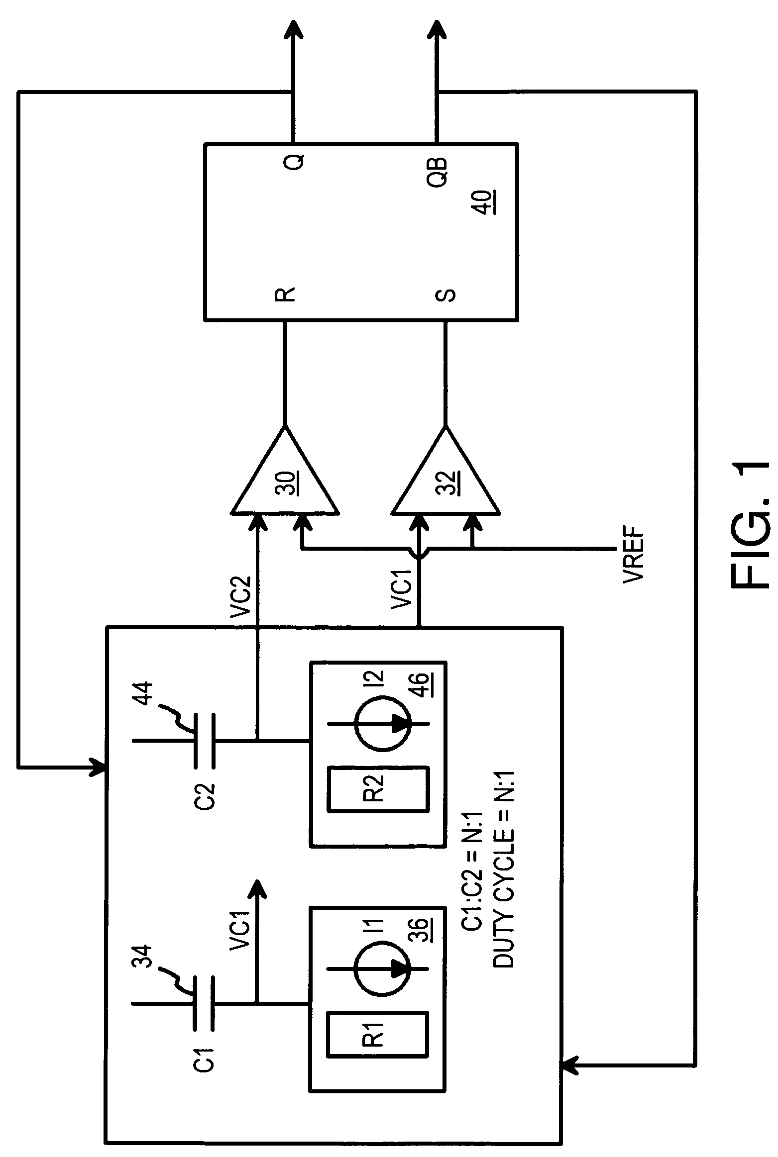 Low-voltage oscillator with capacitor-ratio selectable duty cycle