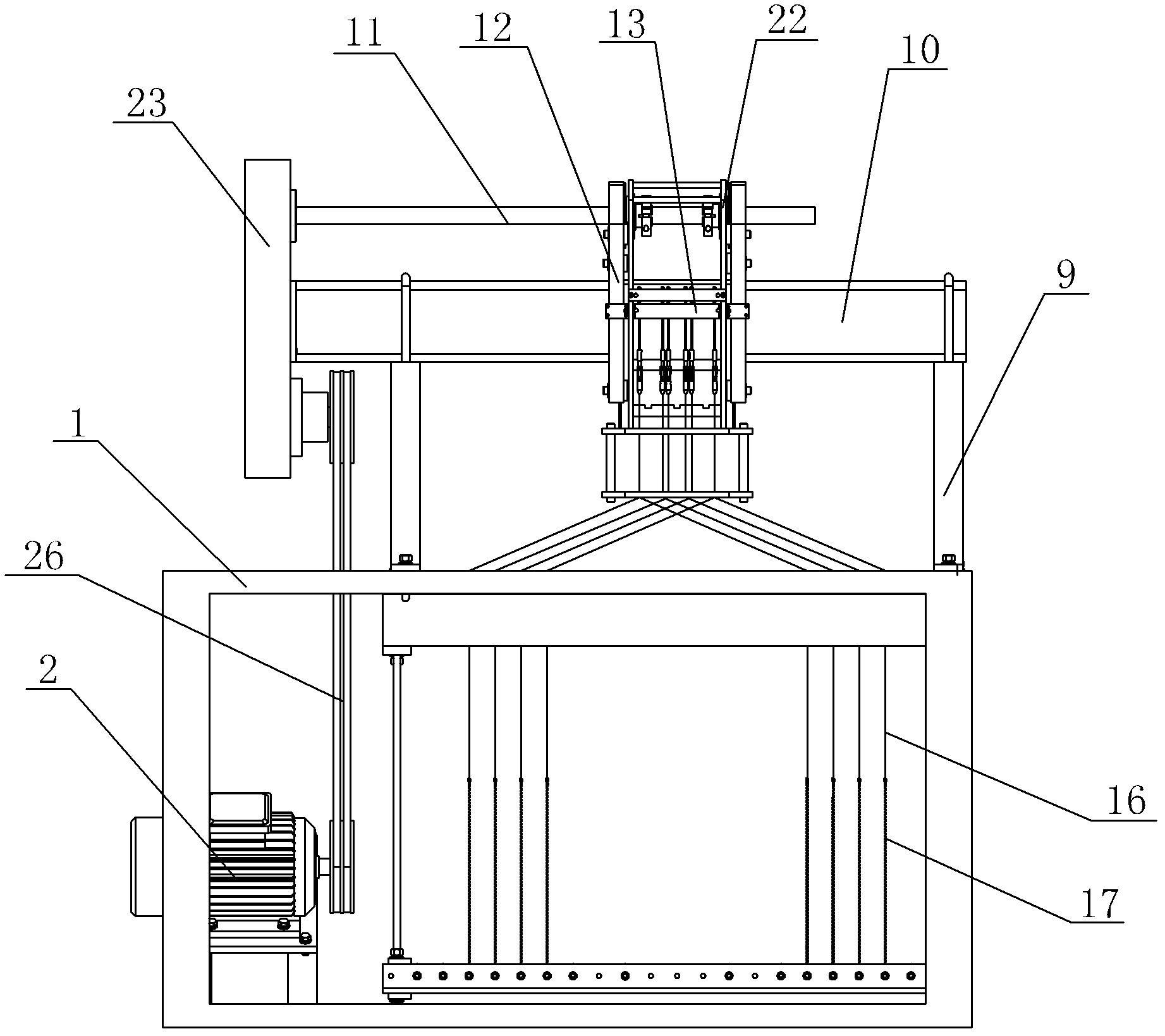 Threading device on harness string spring testing equipment