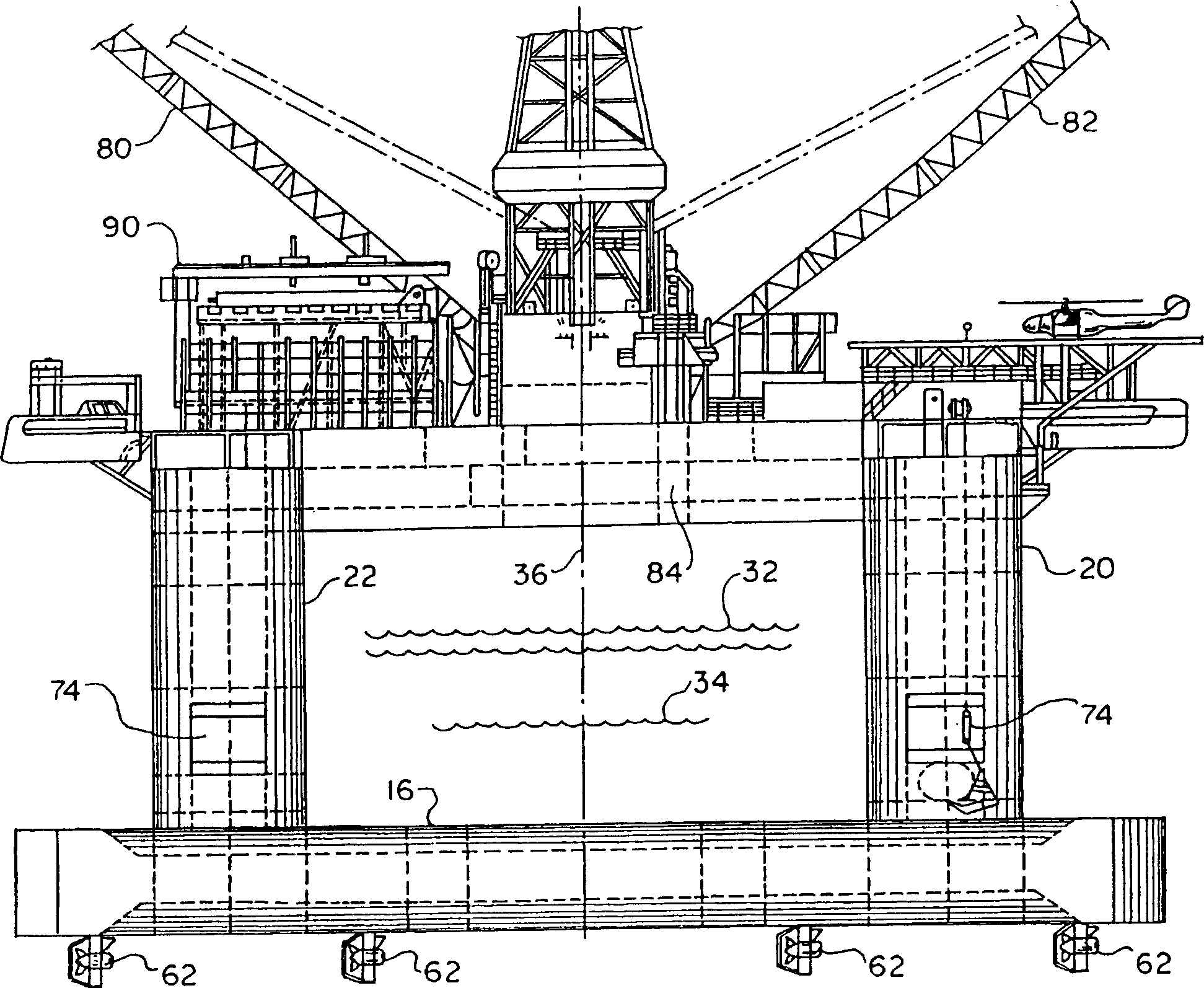 Dynamically positioned semi-submersible drilling vessel with slender horizontal braces