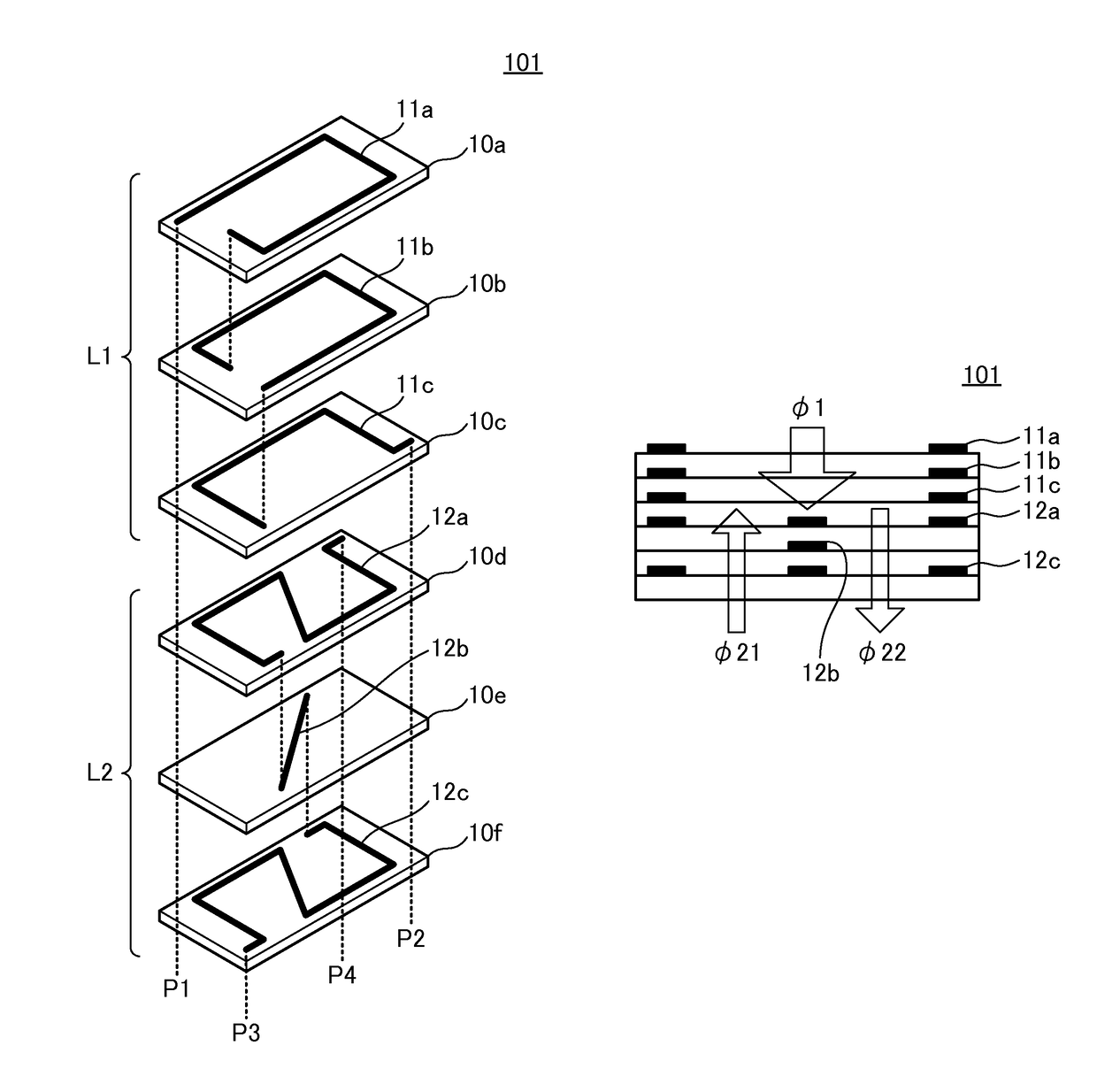 Laminated coil component and matching circuit