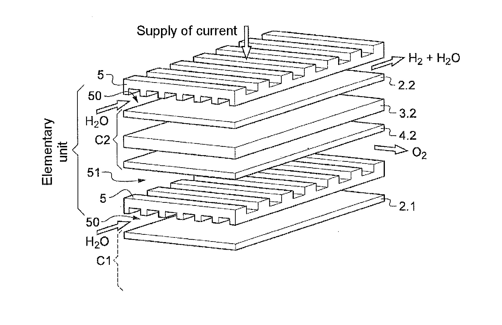 Method for high-temperature electrolysis of steam and another gas, related interconnector, electrolysis reactor and operating methods
