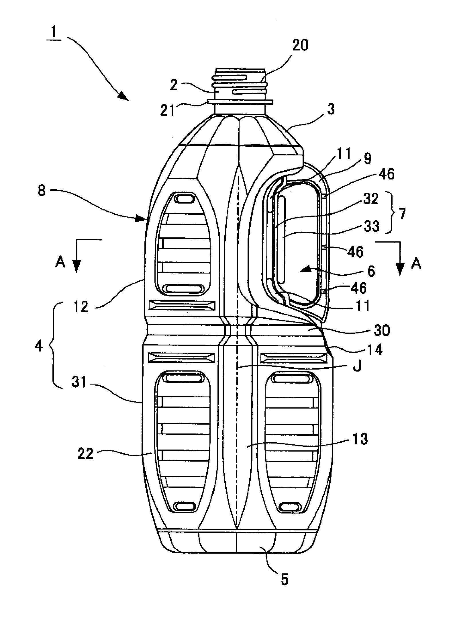 Handle for container, handle-equipped container, and method for manufacturing handle and container