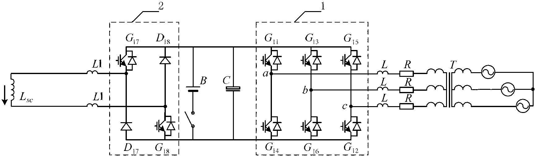 High-capacity combined converter used for electric energy storage
