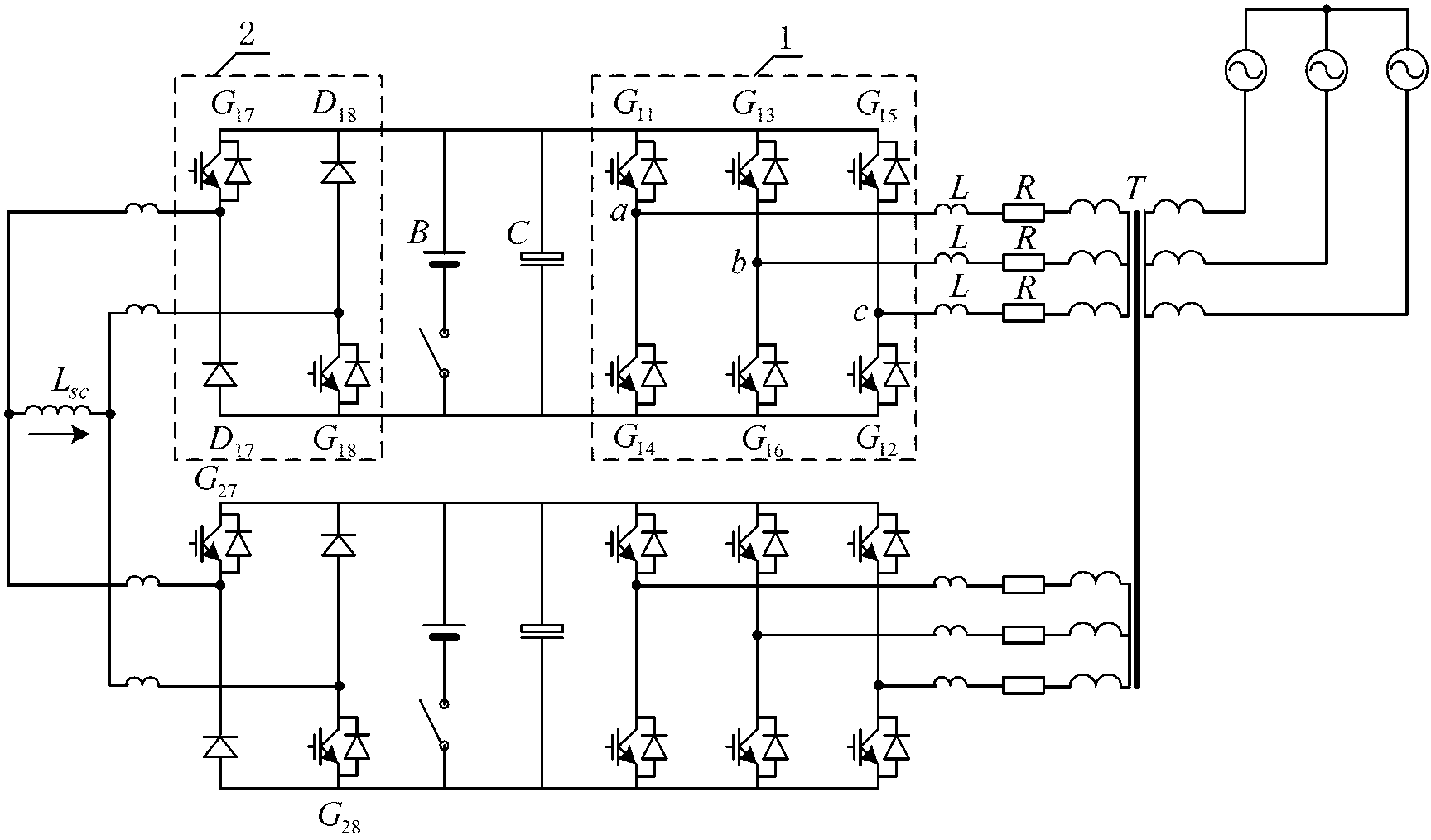 High-capacity combined converter used for electric energy storage